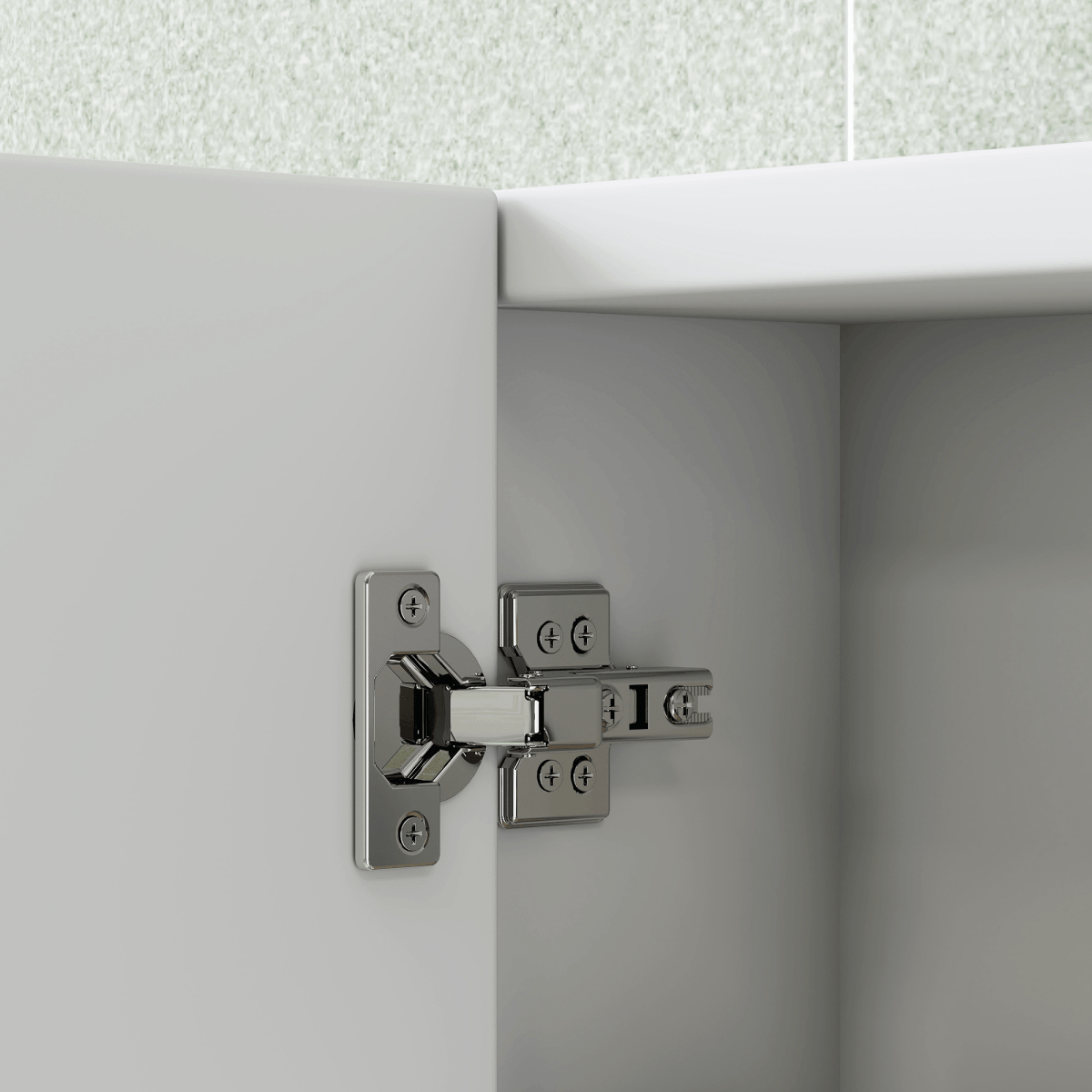 HOMCOM Bathroom Mirror Cabinet with 4 Adjustable Shelves, White hinge mechanism close-up showing chrome detail.