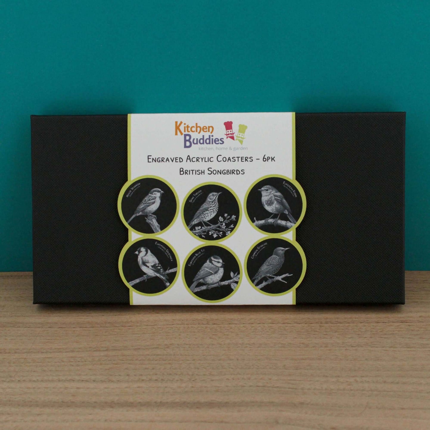 Gift Packed Set of 6 Engraved Acrylic Coasters - British Songbirds