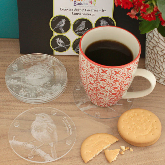 Gift Packed Set of 6 Engraved Acrylic Coasters - British Songbirds