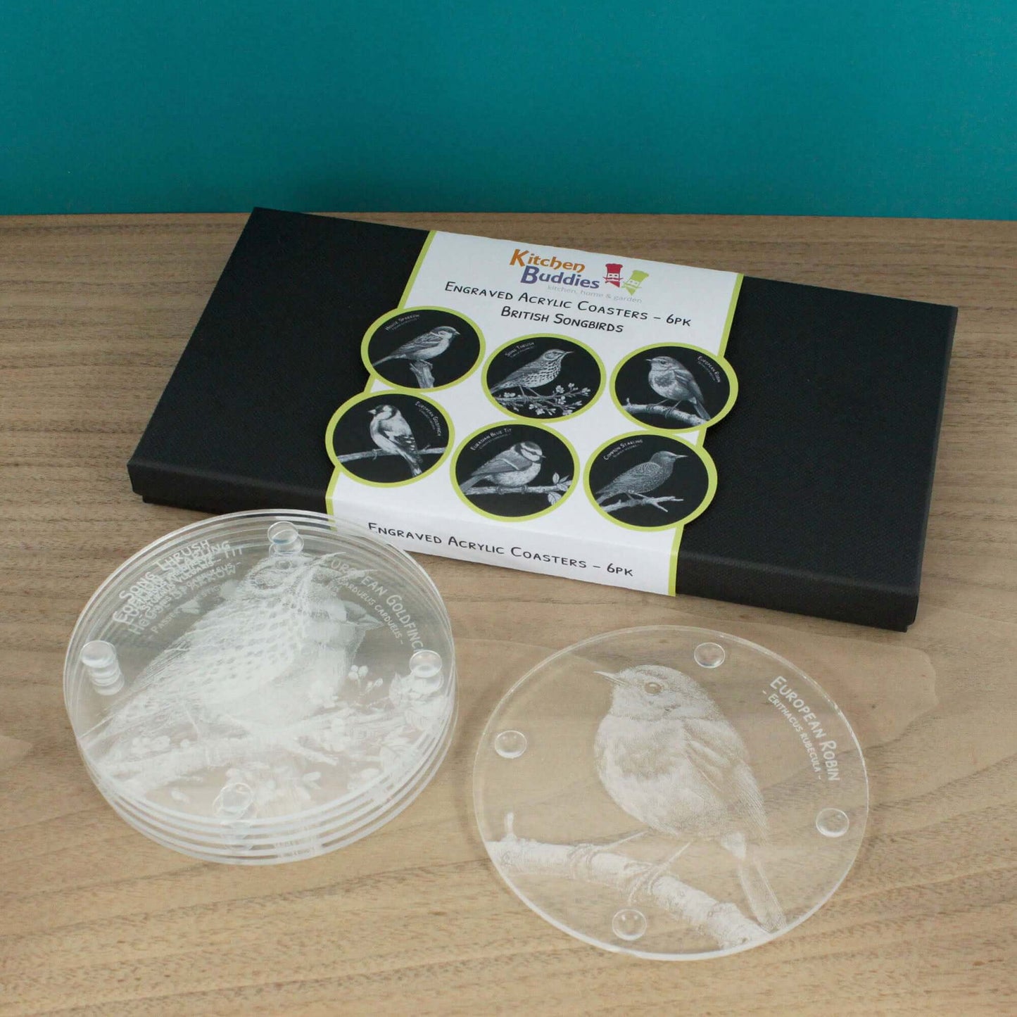 Gift Packed Set of 6 Engraved Acrylic Coasters - British Songbirds