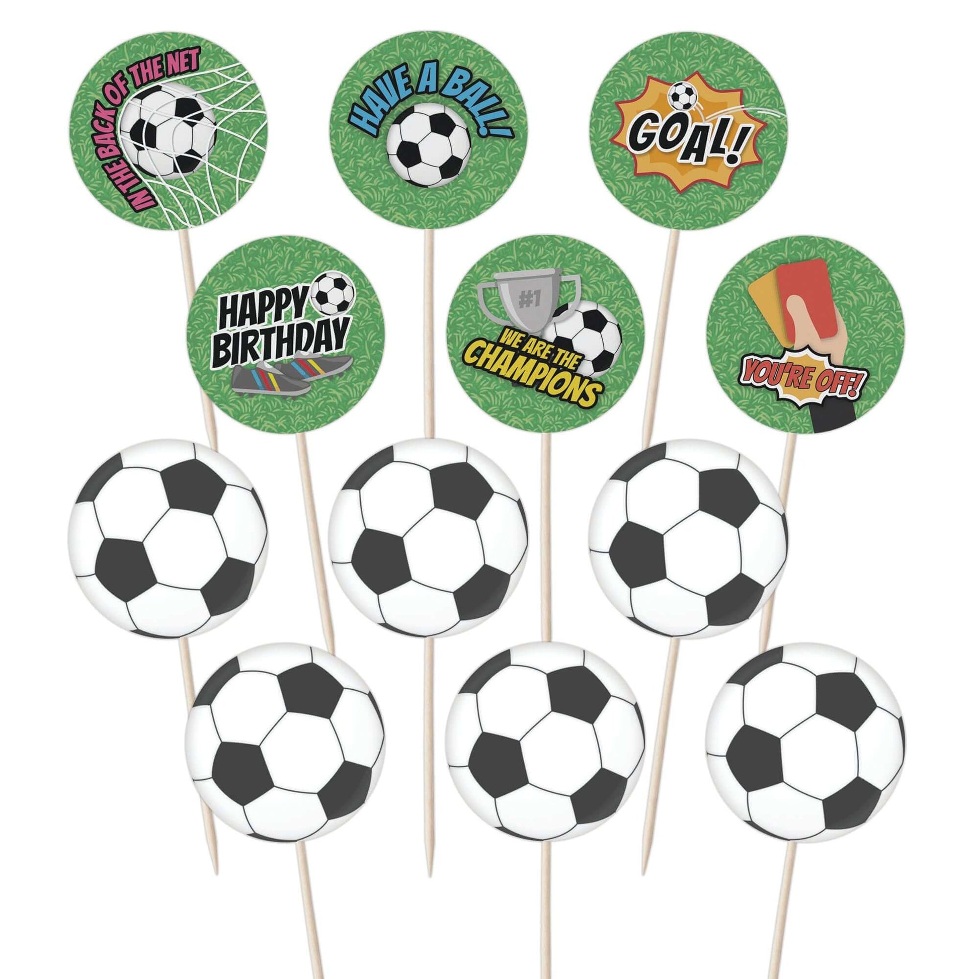 Football Cupcake Toppers set featuring soccer-themed designs and ball icons, perfect for football birthday celebrations.