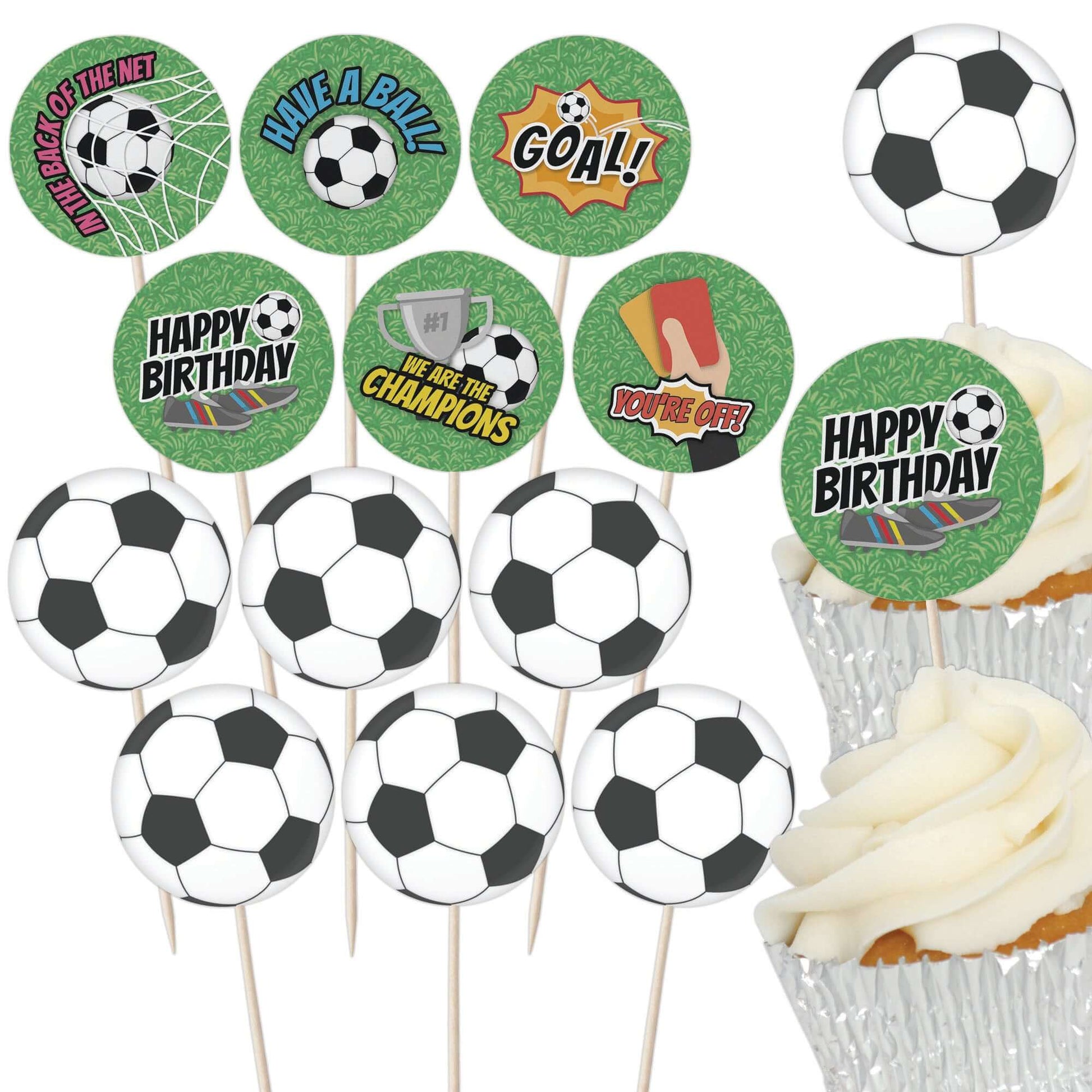 Football Cupcake Toppers set featuring 24 designs including soccer balls and birthday messages for themed celebrations.
