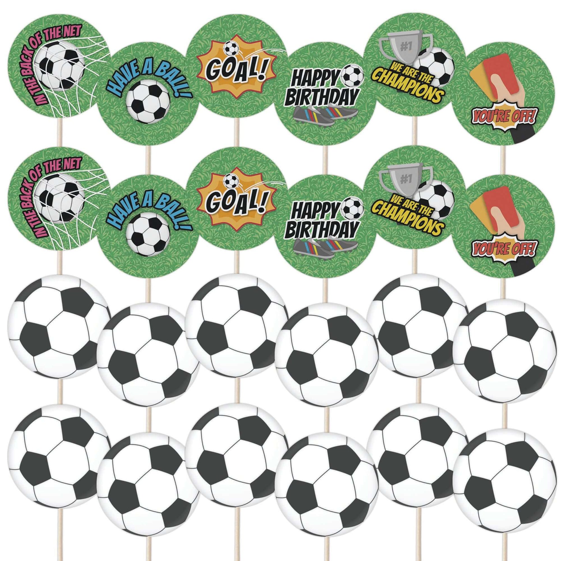 Football Cupcake Toppers - 24pc set featuring playful football-themed designs for birthday celebrations.