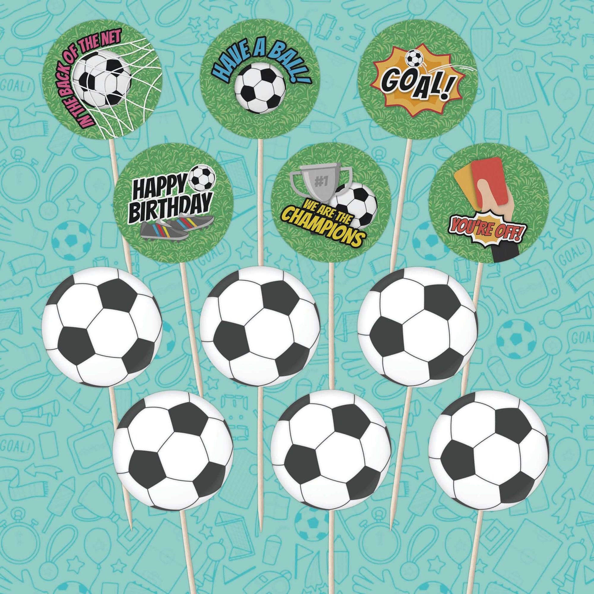 Football Cupcake Toppers Set - 24pc featuring soccer designs and football-themed messages for birthday celebrations.