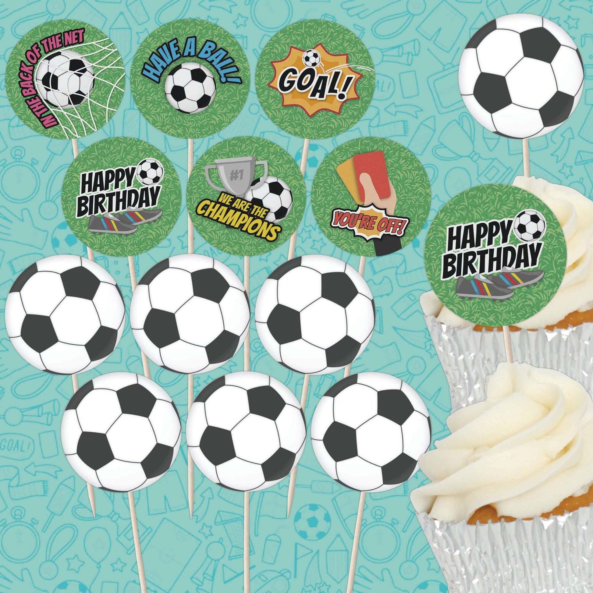 Football Cupcake Toppers set featuring soccer-themed designs for birthday celebrations, 24 pieces showcase football graphics.