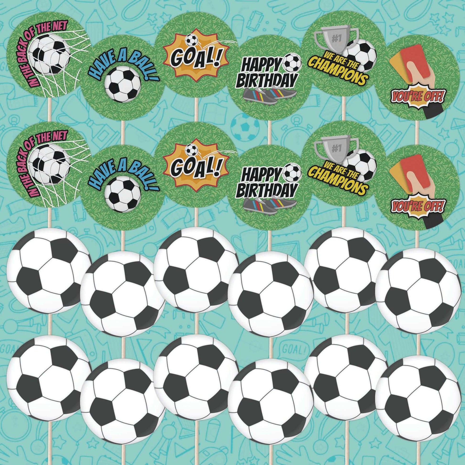 Football Cupcake Toppers set featuring 24 assorted designs for birthday celebrations, perfect for football fans.