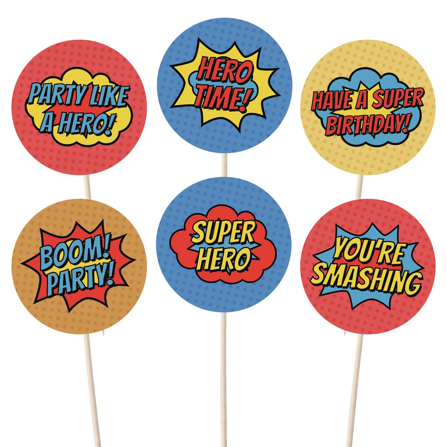 Superhero Comic Book Cupcake Toppers Set - 24pc - Birthday Celebration Cupcake & Cake Decorations