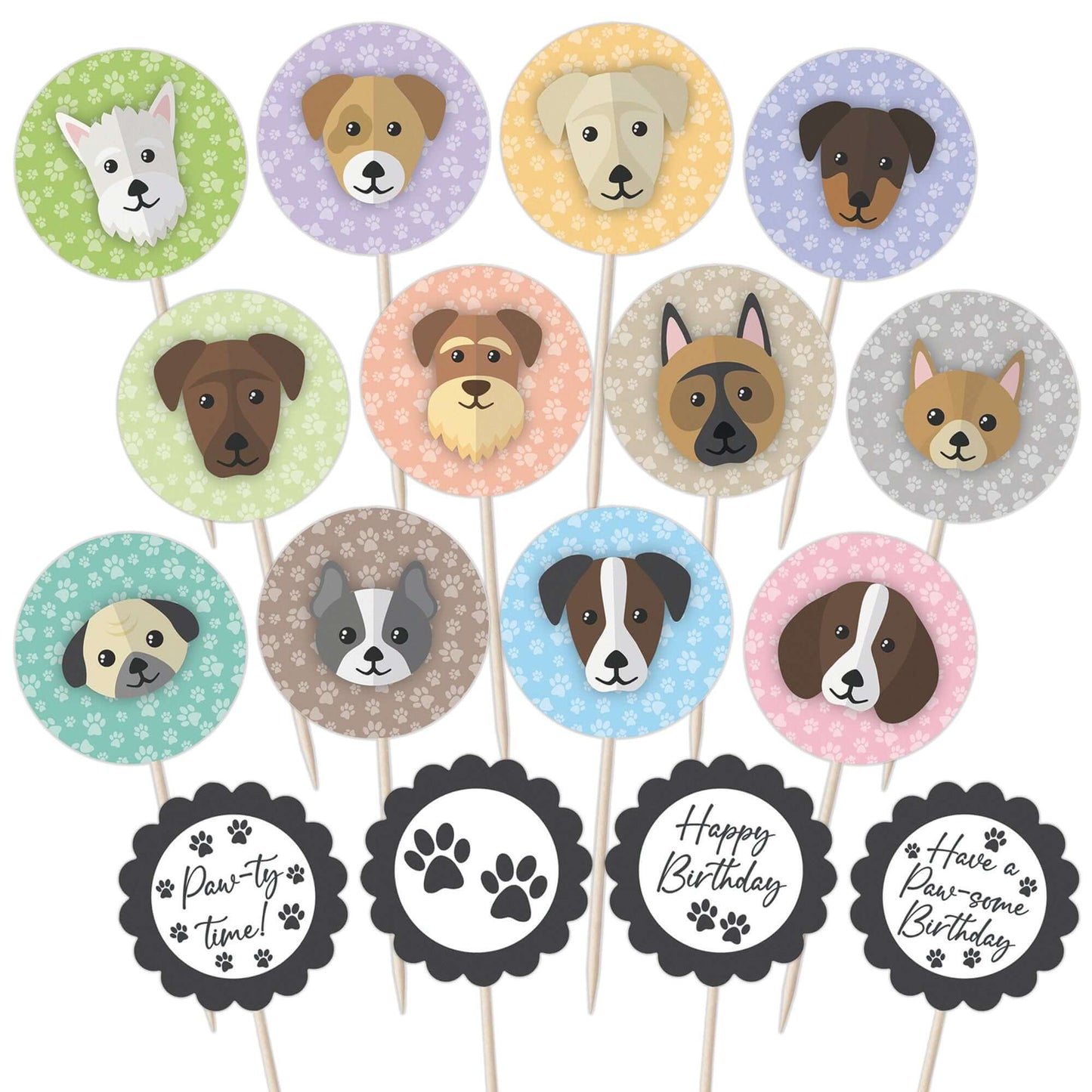 Cute Dogs Birthday Cupcake Toppers Set - 24pc - Cute Dog Faces & Paw-some Birthday Signs | Cupcake & Cake Decorations