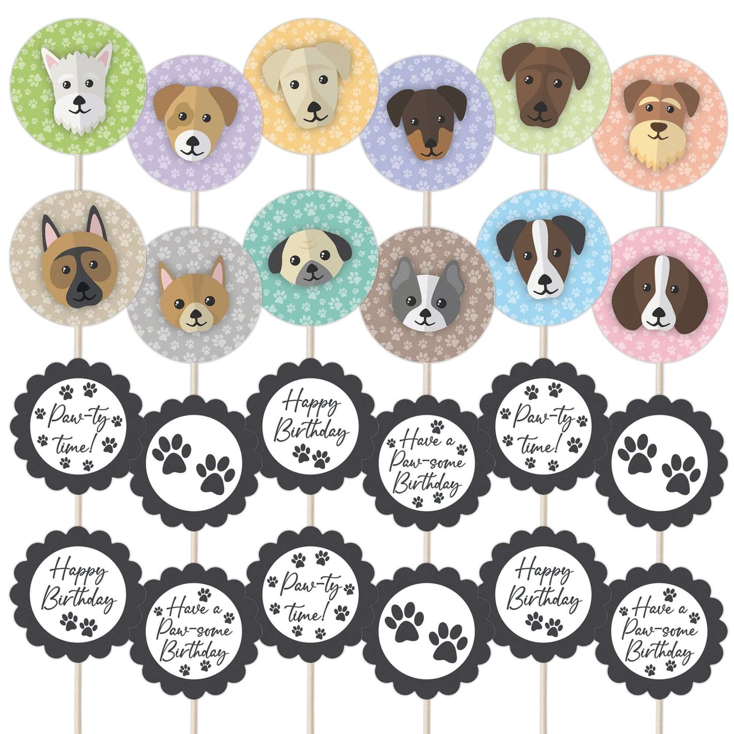Cute Dogs Birthday Cupcake Toppers Set - 24pc - Cute Dog Faces & Paw-some Birthday Signs | Cupcake & Cake Decorations
