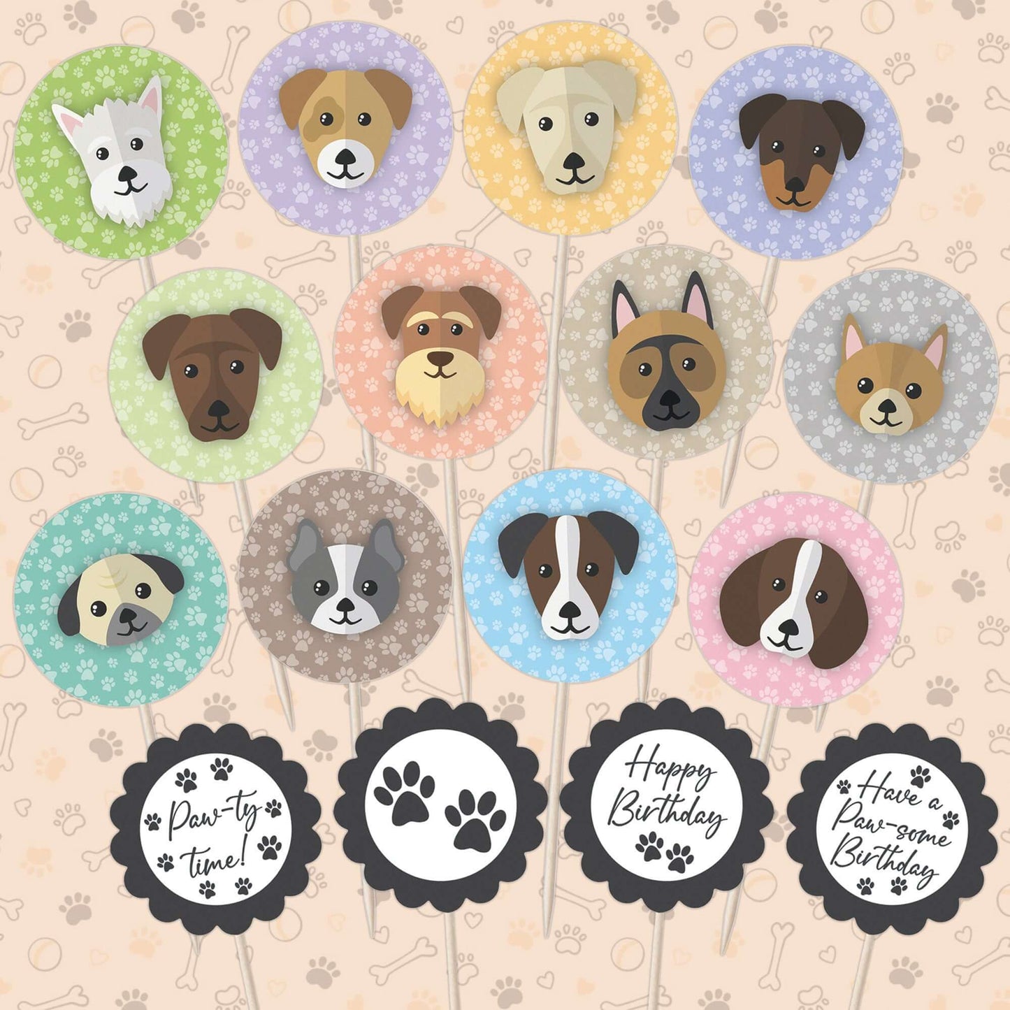 Cute Dogs Birthday Cupcake Toppers Set - 24pc - Cute Dog Faces & Paw-some Birthday Signs | Cupcake & Cake Decorations