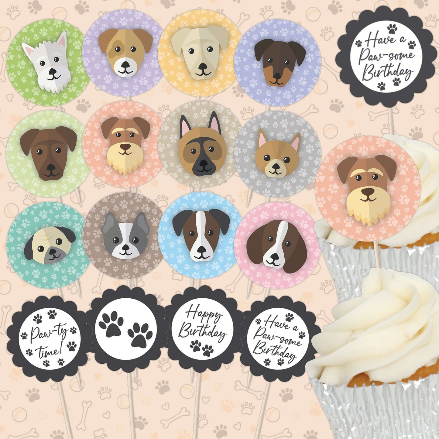 Cute Dogs Birthday Cupcake Toppers Set - 24pc - Cute Dog Faces & Paw-some Birthday Signs | Cupcake & Cake Decorations