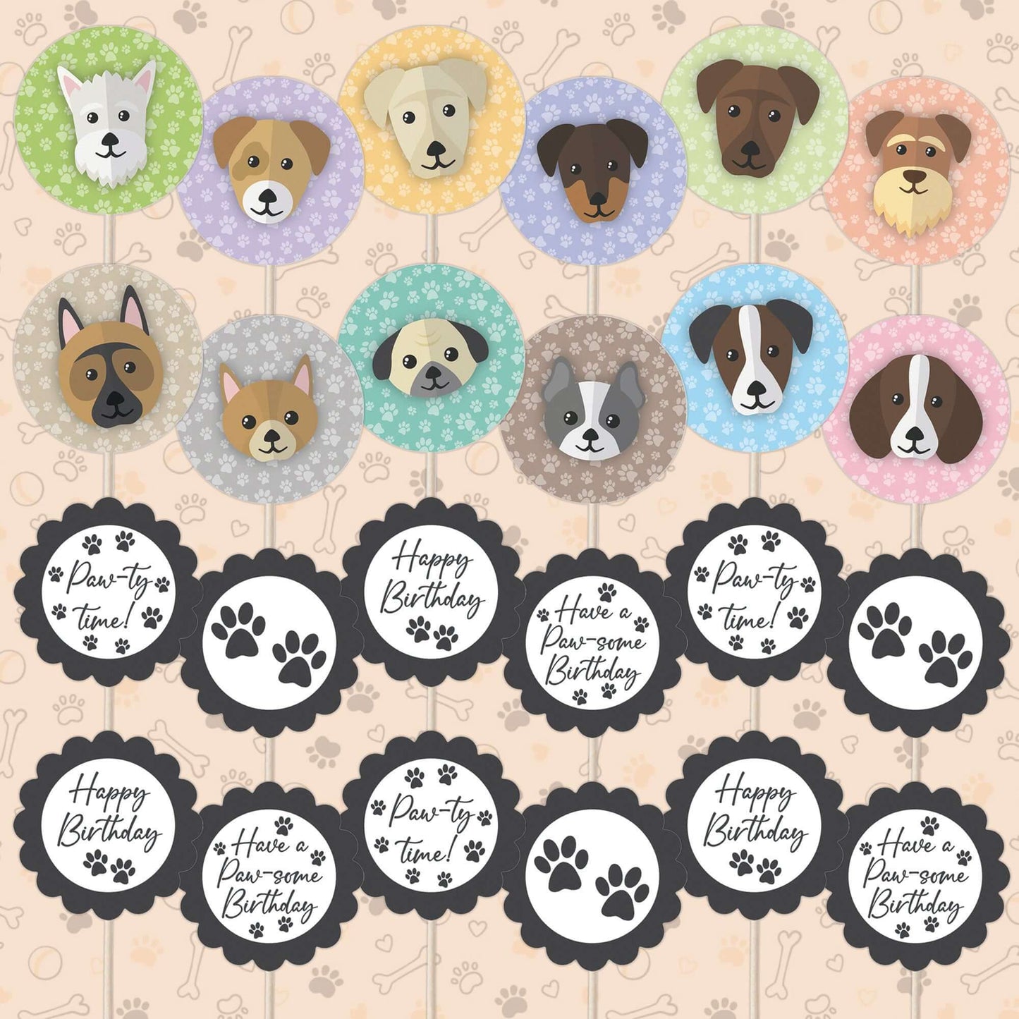 Cute Dogs Birthday Cupcake Toppers Set - 24pc - Cute Dog Faces & Paw-some Birthday Signs | Cupcake & Cake Decorations