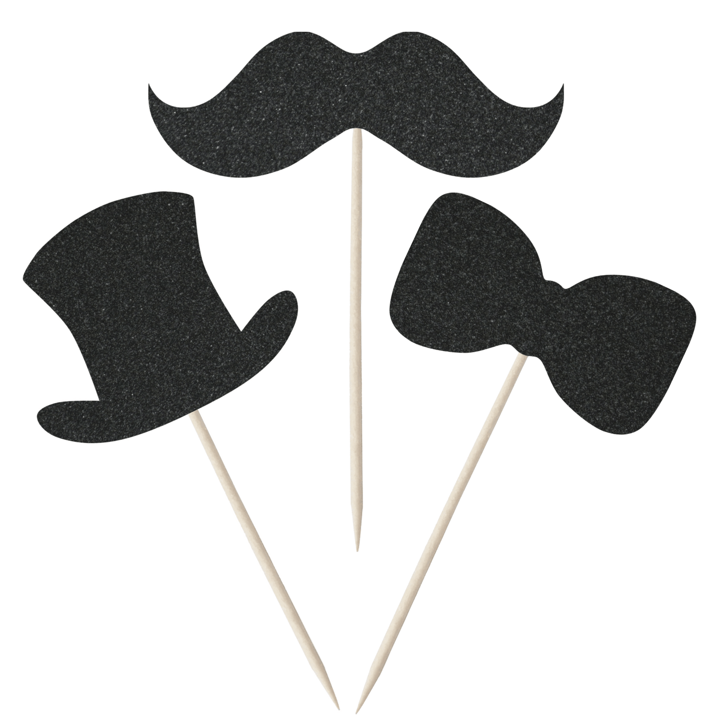 Gentleman themed glitter cupcake toppers set featuring moustache, top hat, and bow tie decorations.