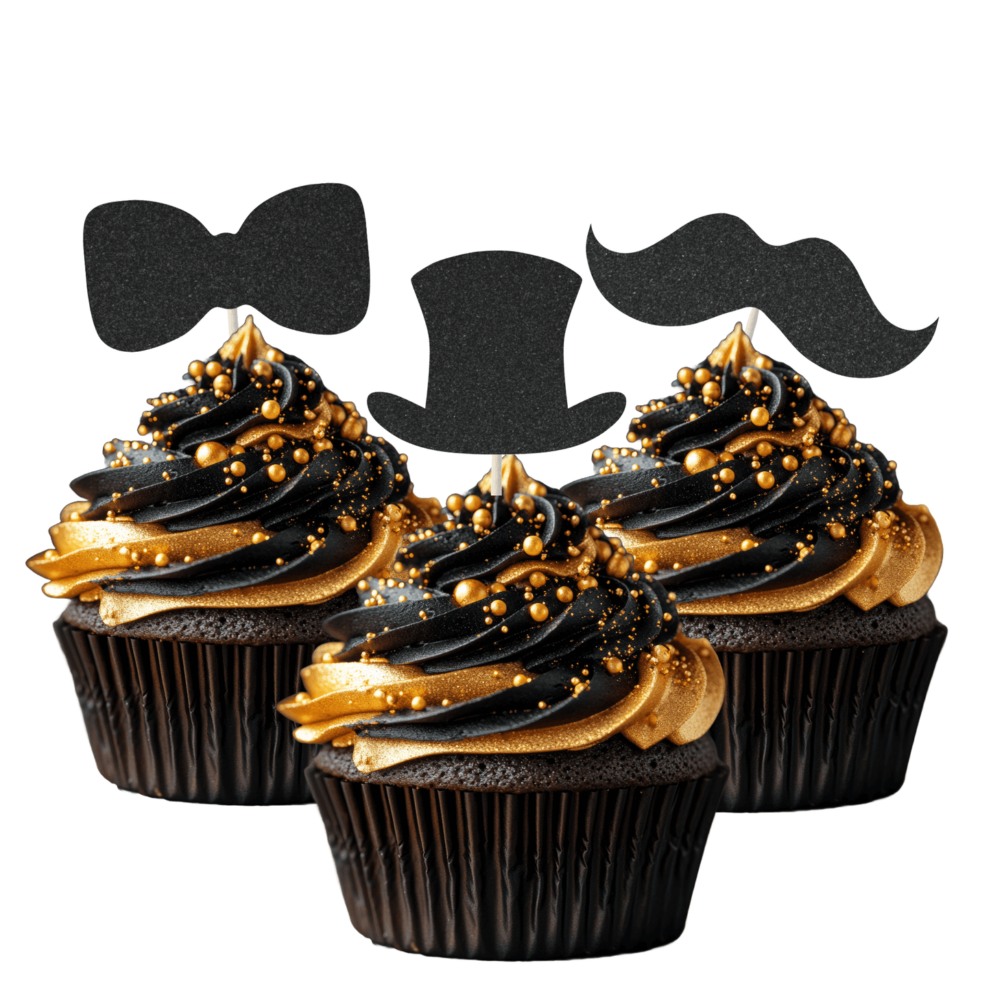 Elegant black and gold cupcakes topped with gentleman-themed glitter toppers: bow ties, moustaches, and top hats.