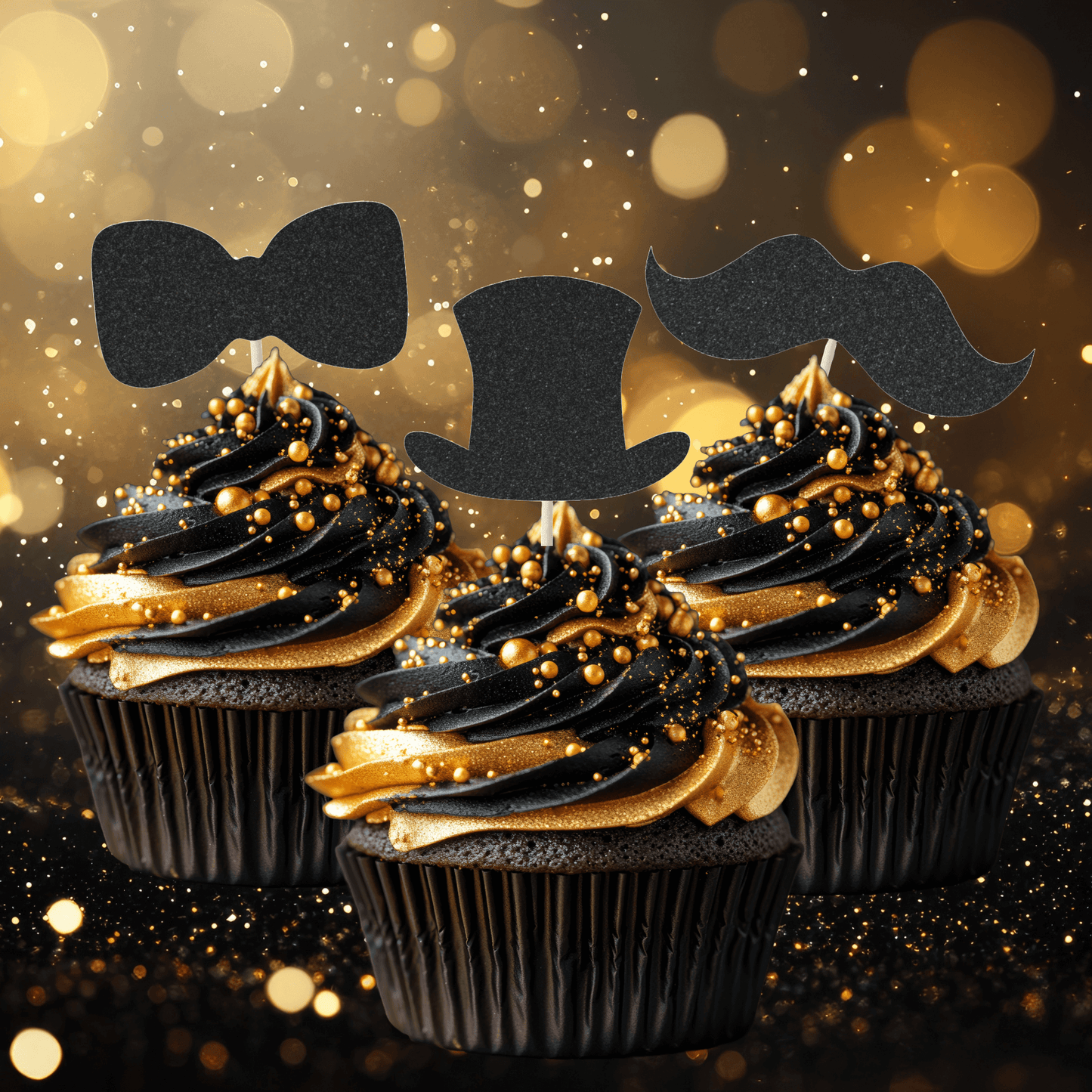 Gentleman themed cupcake toppers featuring a top hat, moustache, and bow tie on elegant black and gold cupcakes.