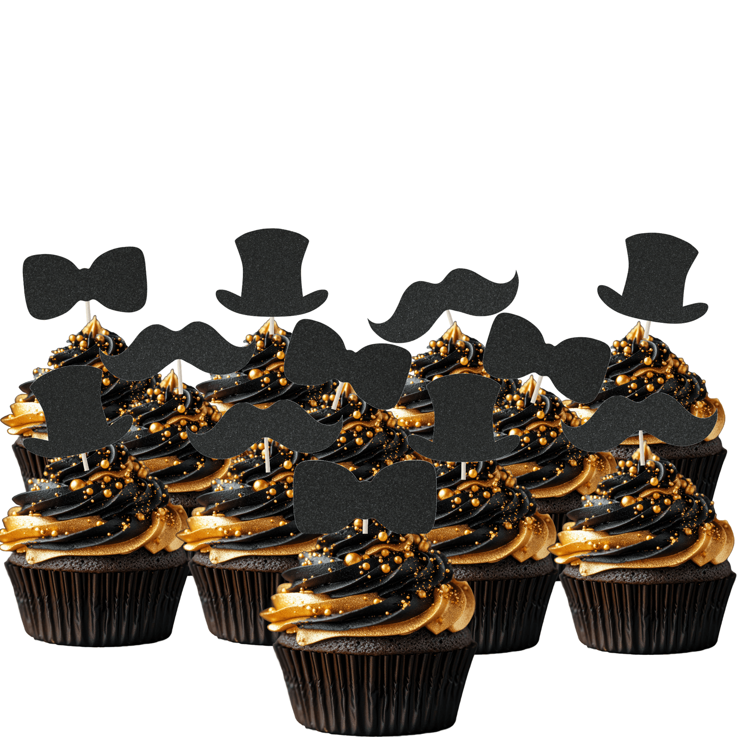 Elegant gentleman-themed cupcake toppers featuring top hats, moustaches, and bow ties on gourmet cupcakes.