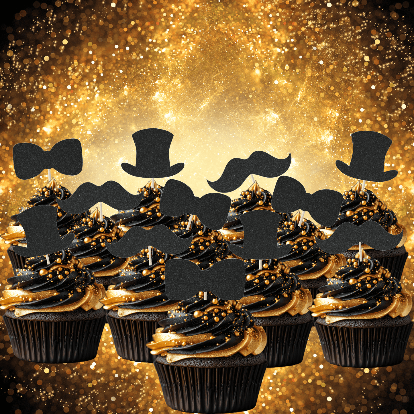 Gentleman themed glitter cupcake toppers on black and gold cupcakes, featuring bows, top hats, and moustaches.