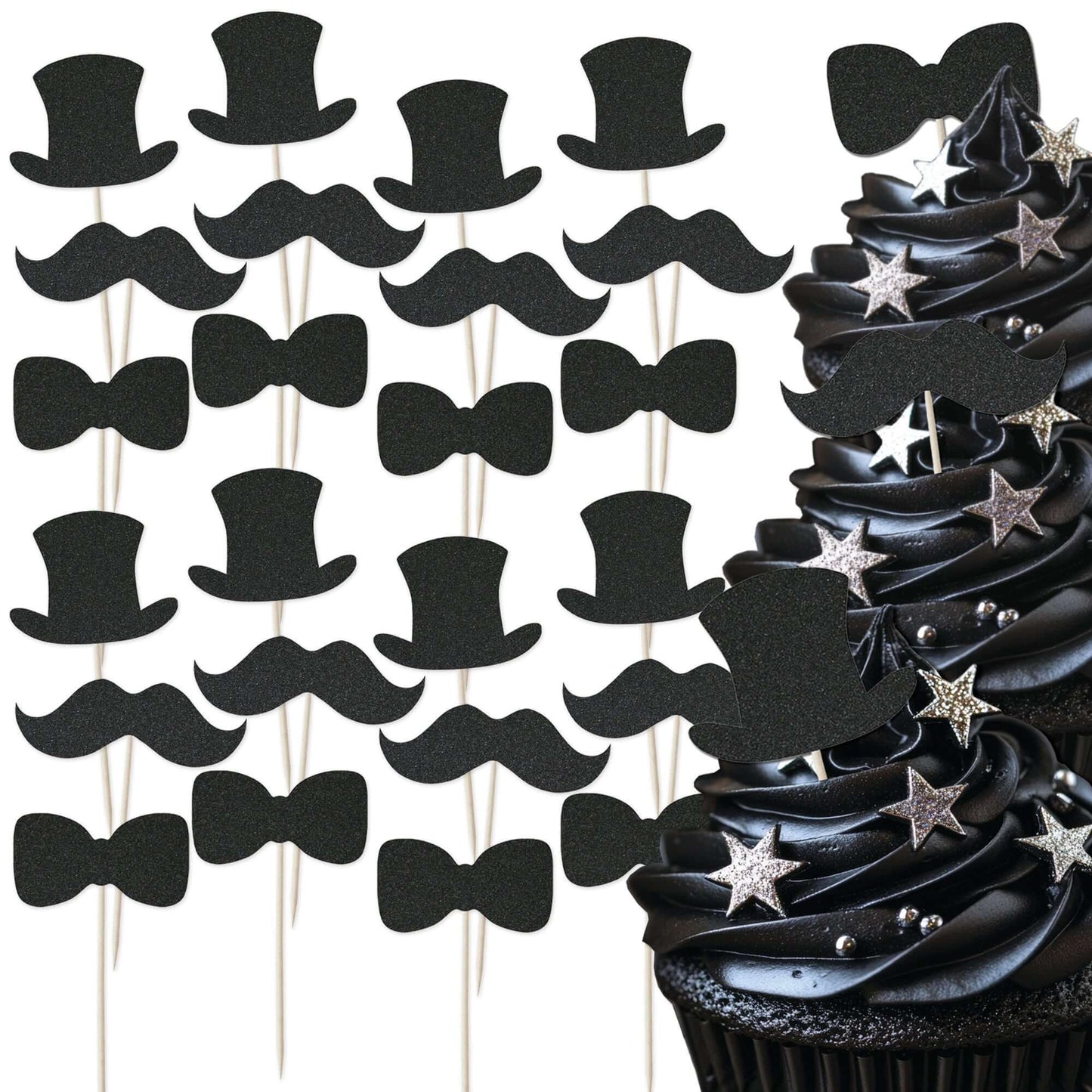 Gentleman themed glitter cupcake toppers set featuring top hats, moustaches, and bow ties on stylish black cupcakes.