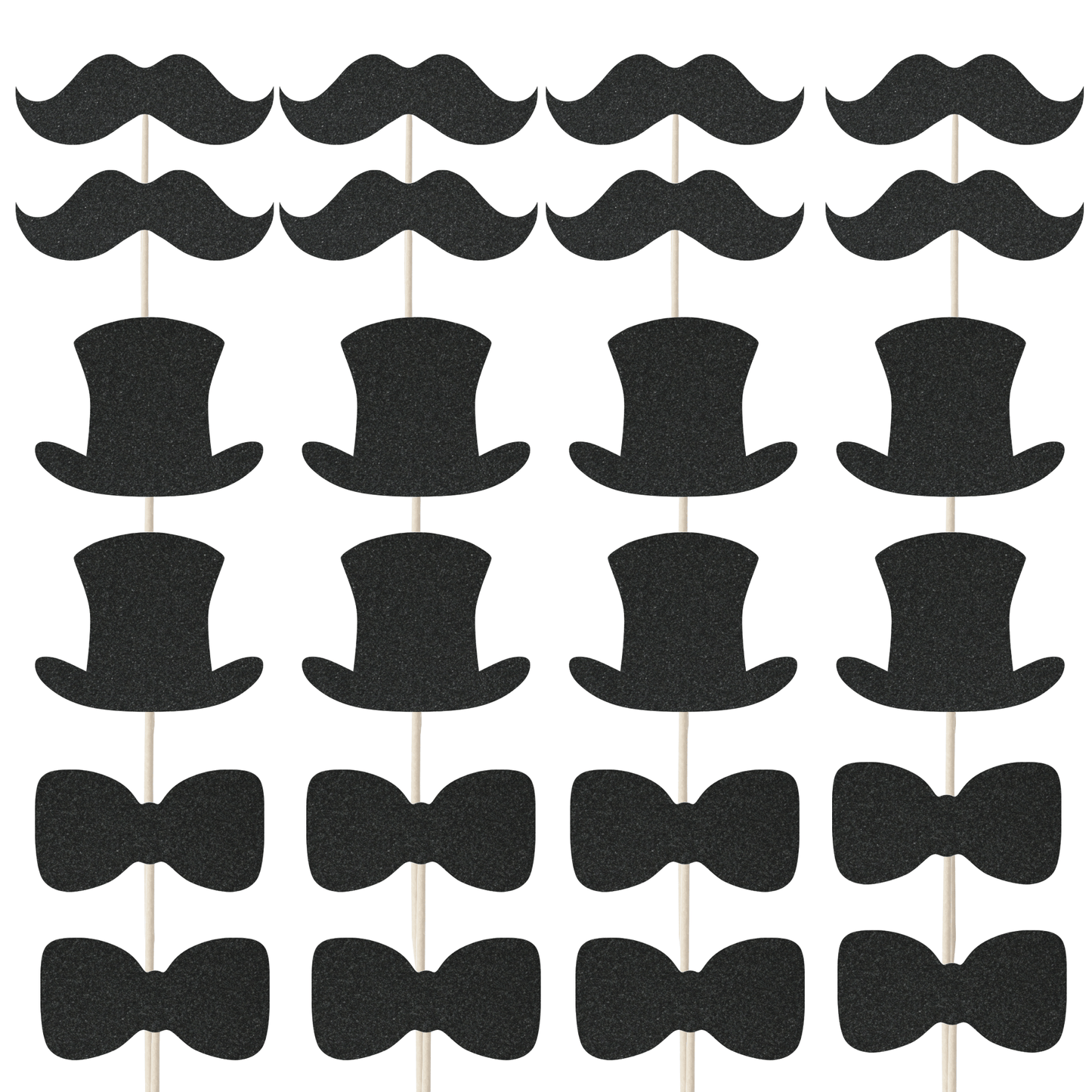 Gentleman themed cupcake toppers set featuring glitter top hats, moustaches, and bow ties for party desserts.