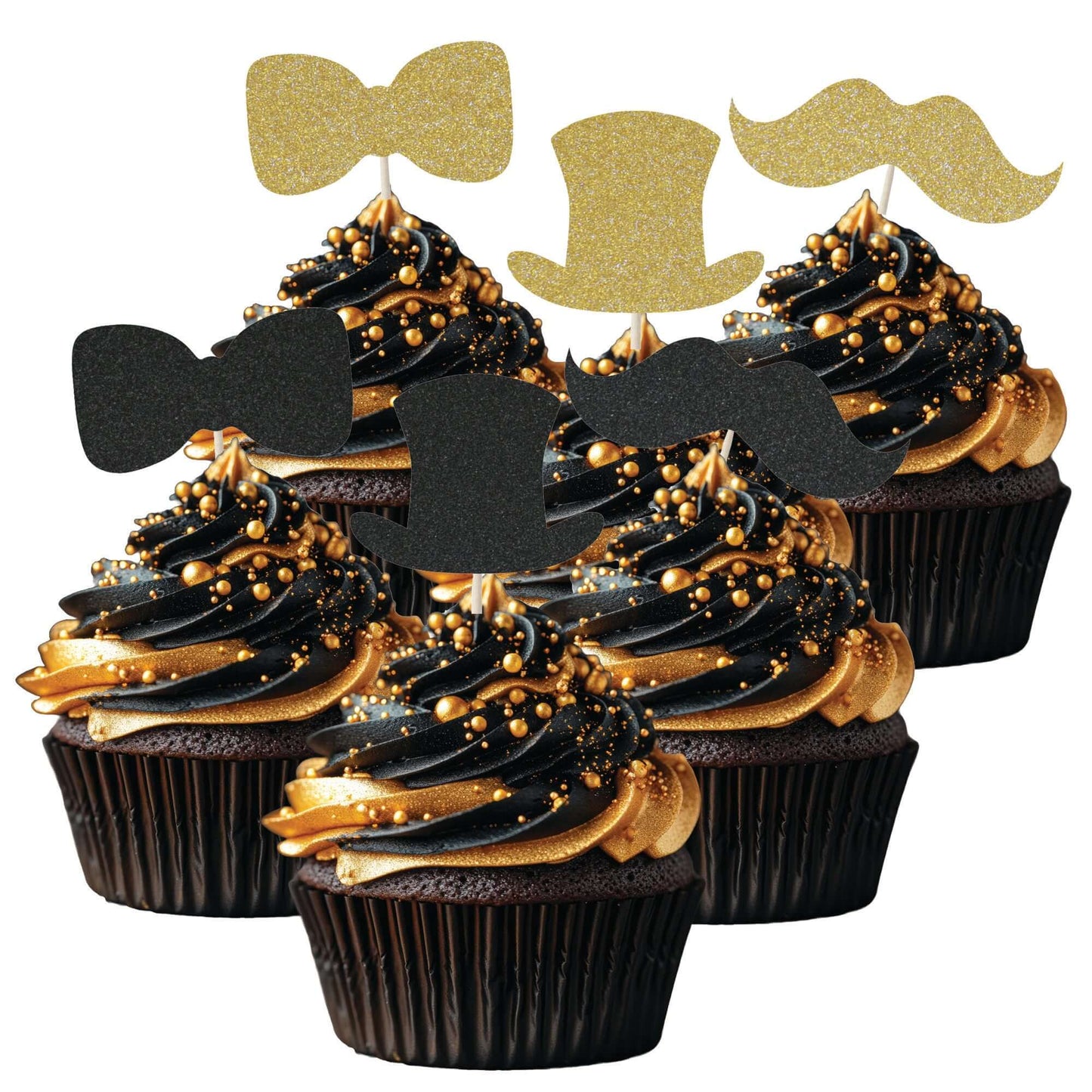 Gentleman themed glitter cupcake toppers set on chocolate cupcakes, featuring top hats, bow ties, and moustaches.
