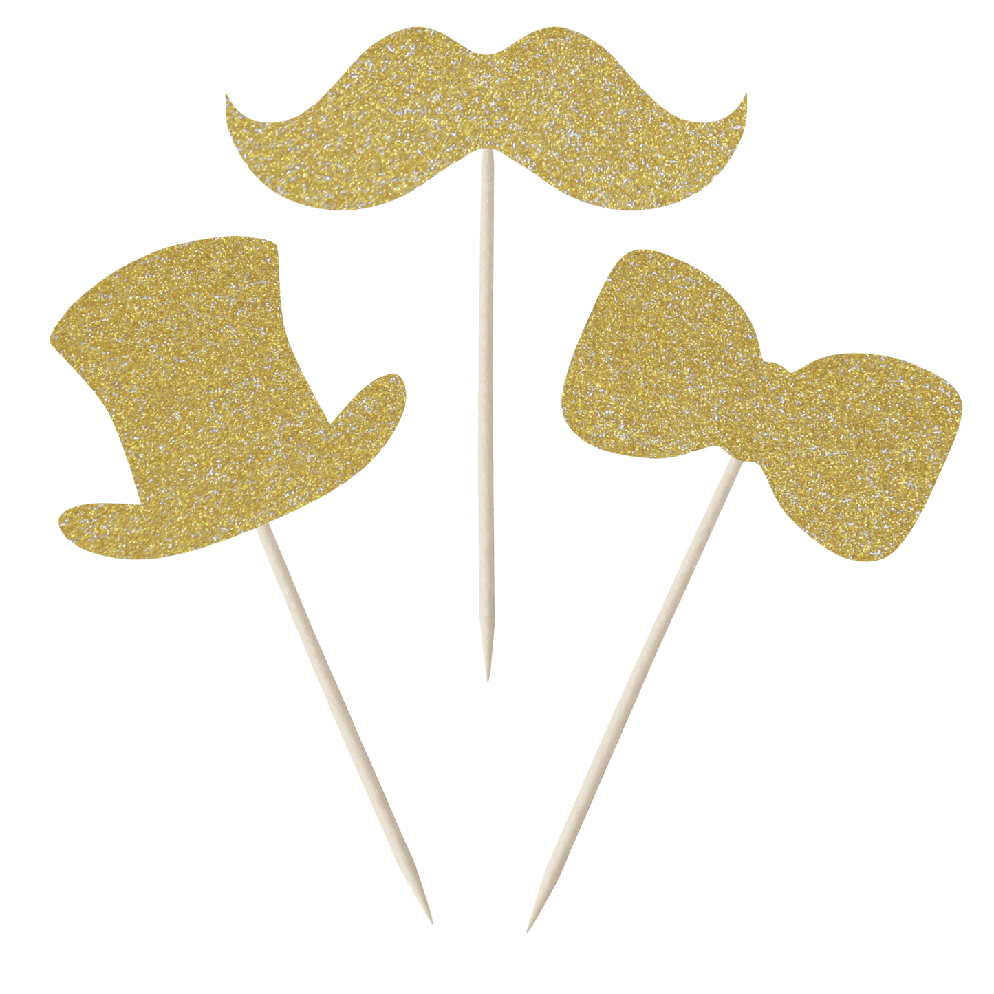 Gentleman themed glitter cupcake toppers set featuring gold moustache, top hat, and bow tie on wooden sticks.
