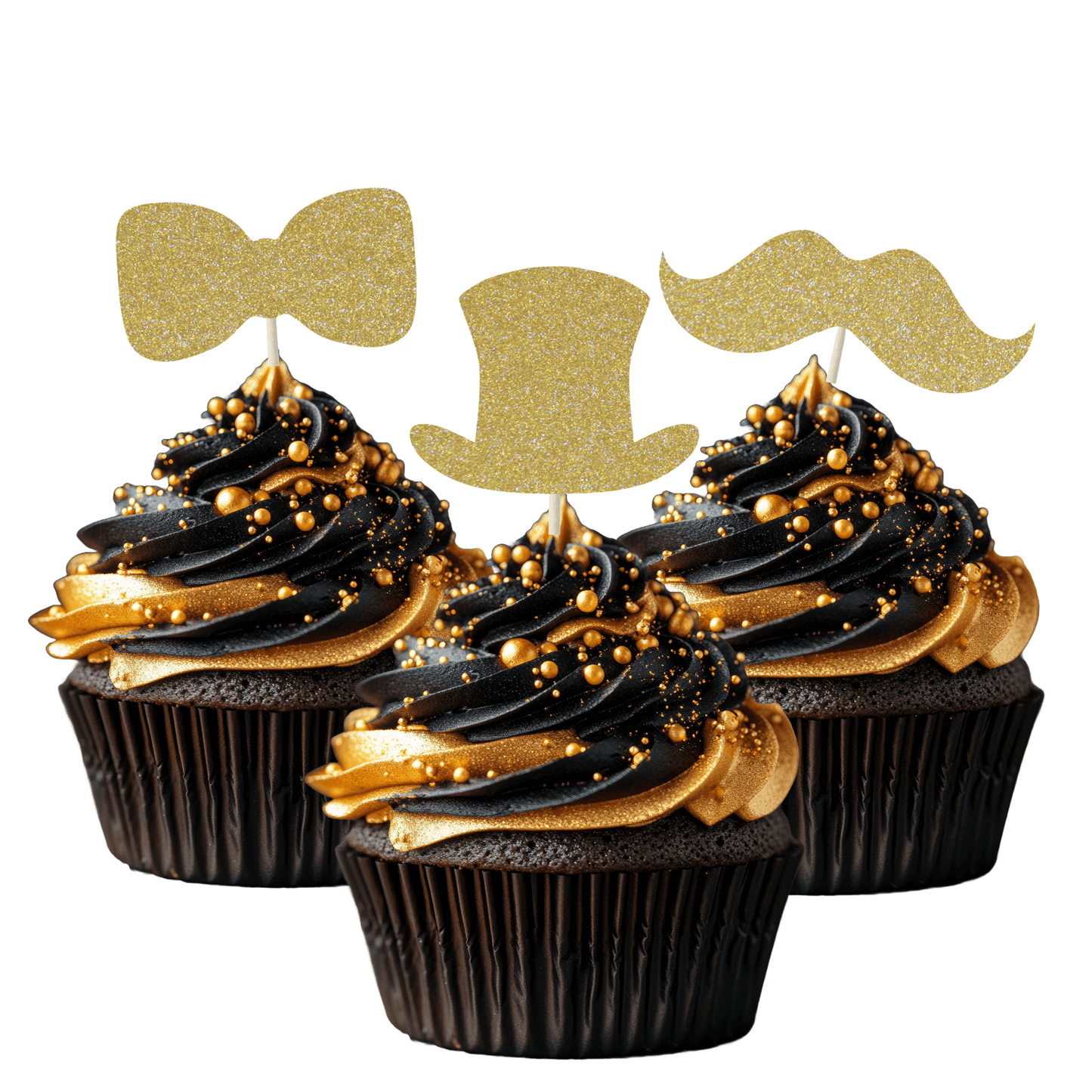 Glitter gentleman themed cupcake toppers with bow ties, mustaches, and top hats on stylish black and gold cupcakes.