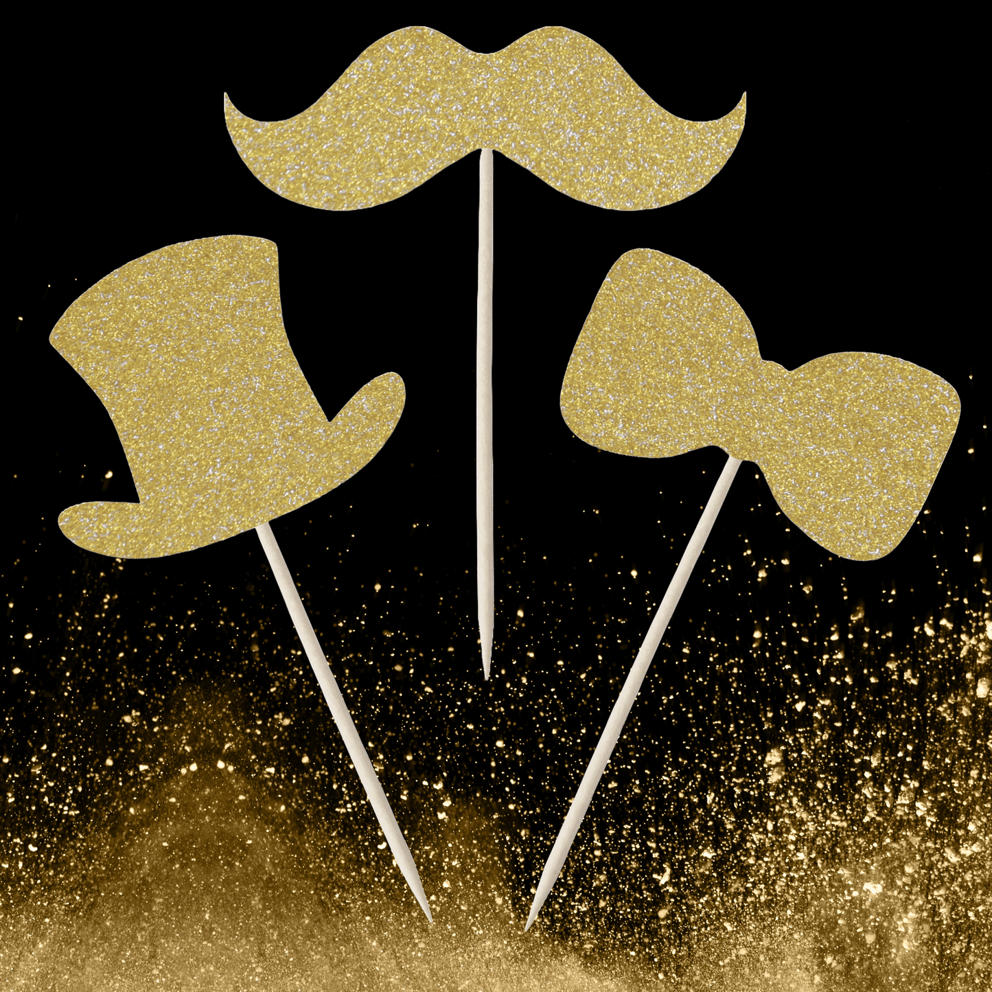 Glitter gentleman-themed cupcake toppers set featuring top hat, moustache, and bow tie for dessert decorations.