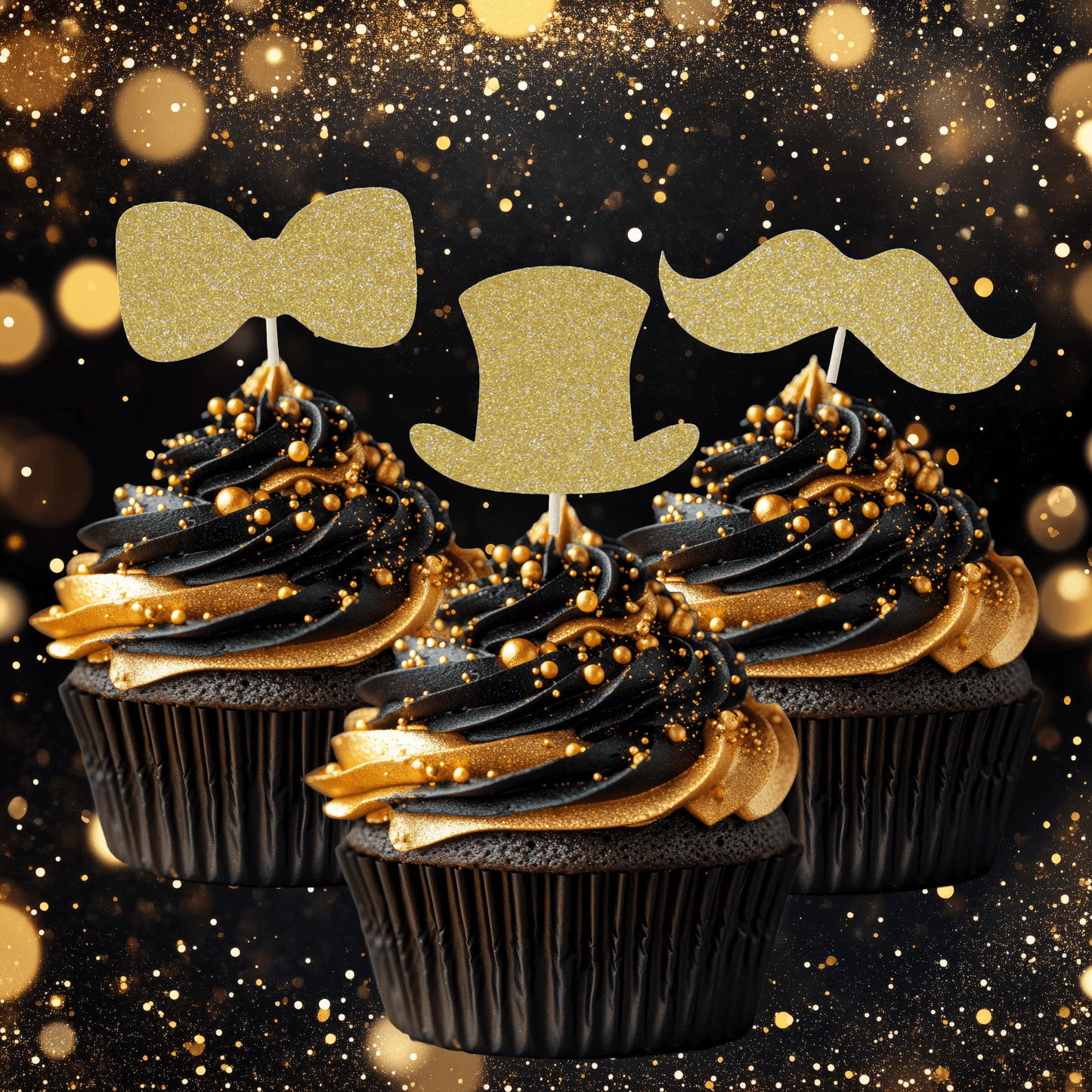 Gentleman themed glitter cupcake toppers on black and gold frosted cupcakes, perfect for celebrations.