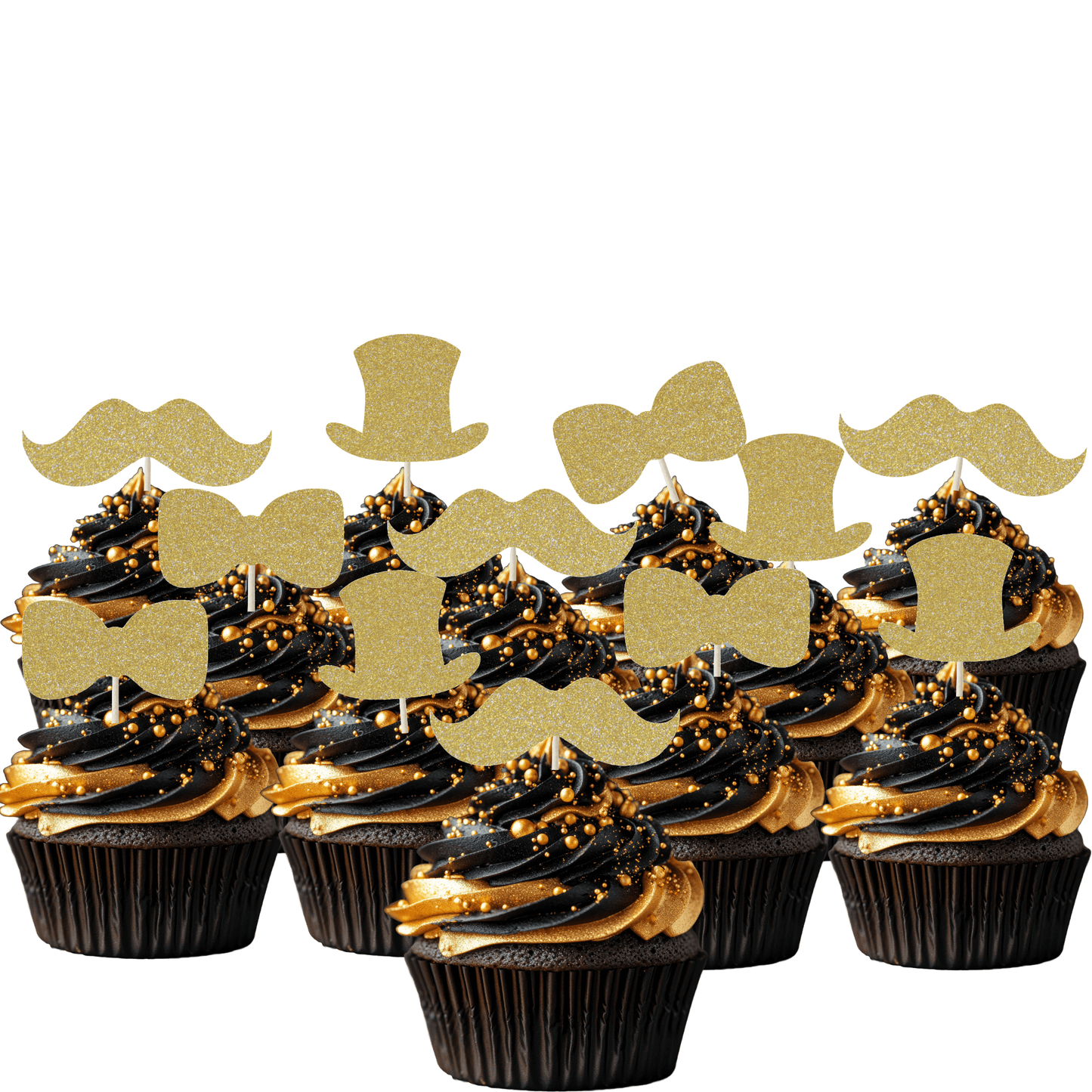 Gentleman themed glitter cupcake toppers set with top hats, moustaches, and bow ties on black and gold cupcakes.