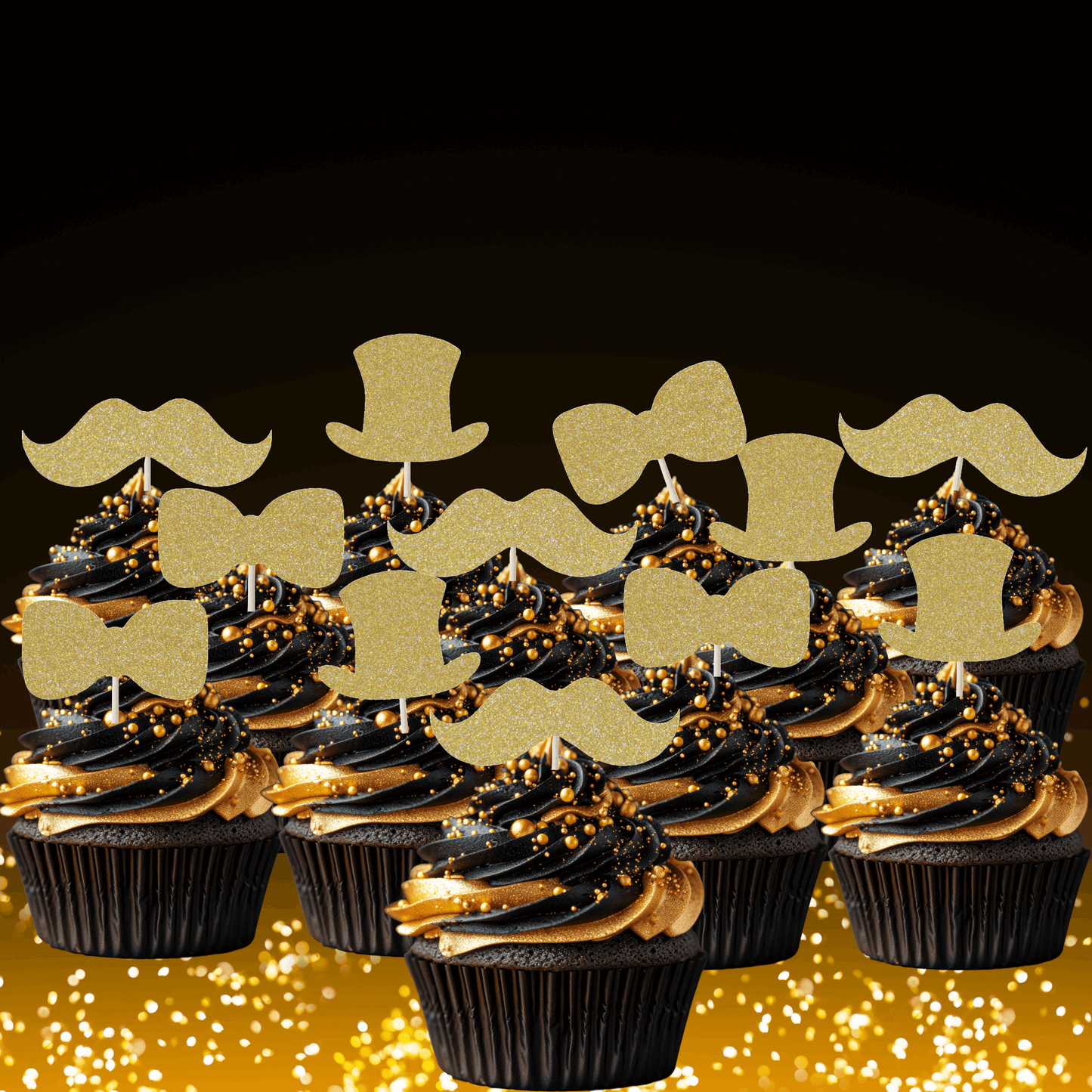 Gentleman themed glitter cupcake toppers on dark cupcakes for parties and celebrations.