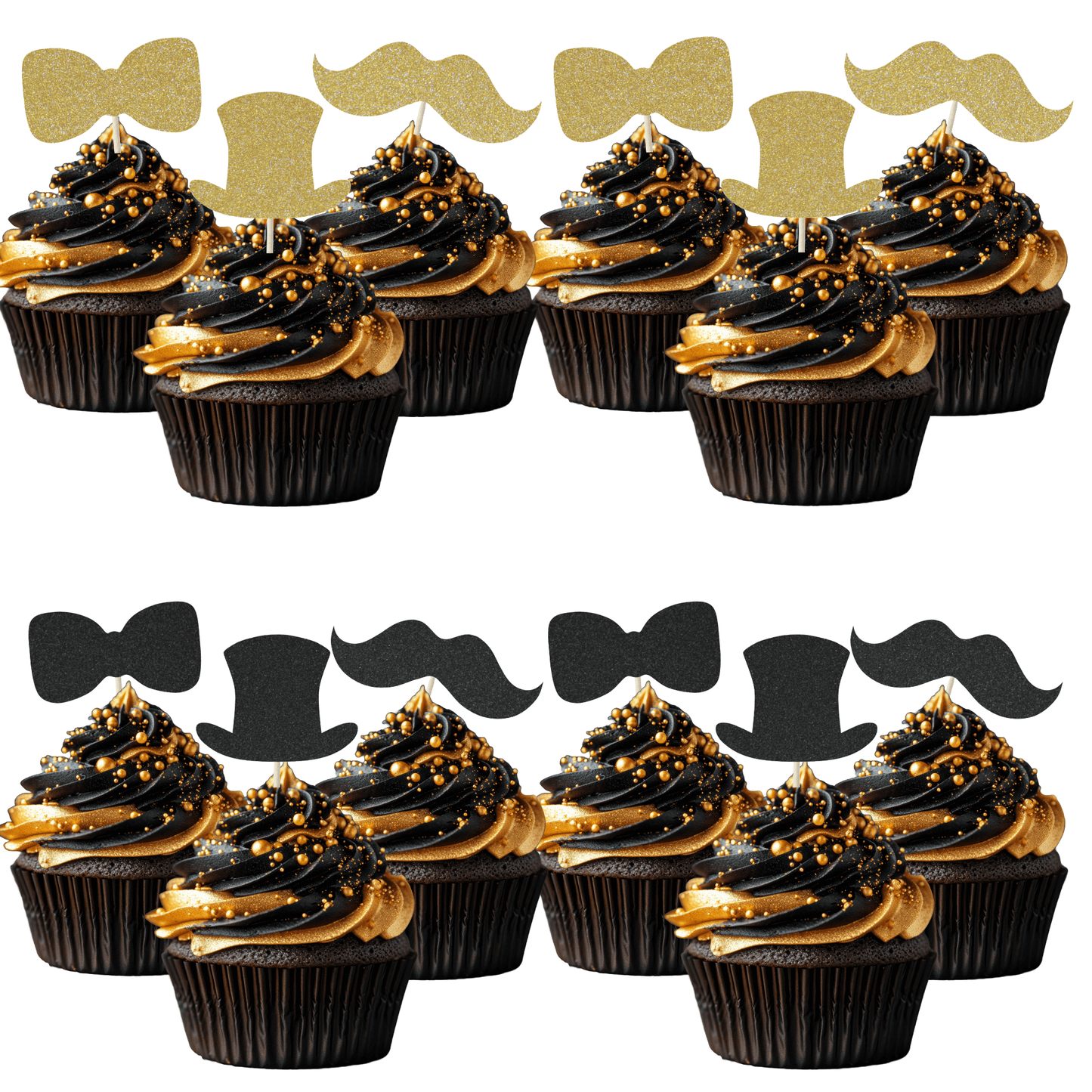 Gentleman themed glitter cupcake toppers on stylish black and gold cupcakes, ideal for parties and celebrations.