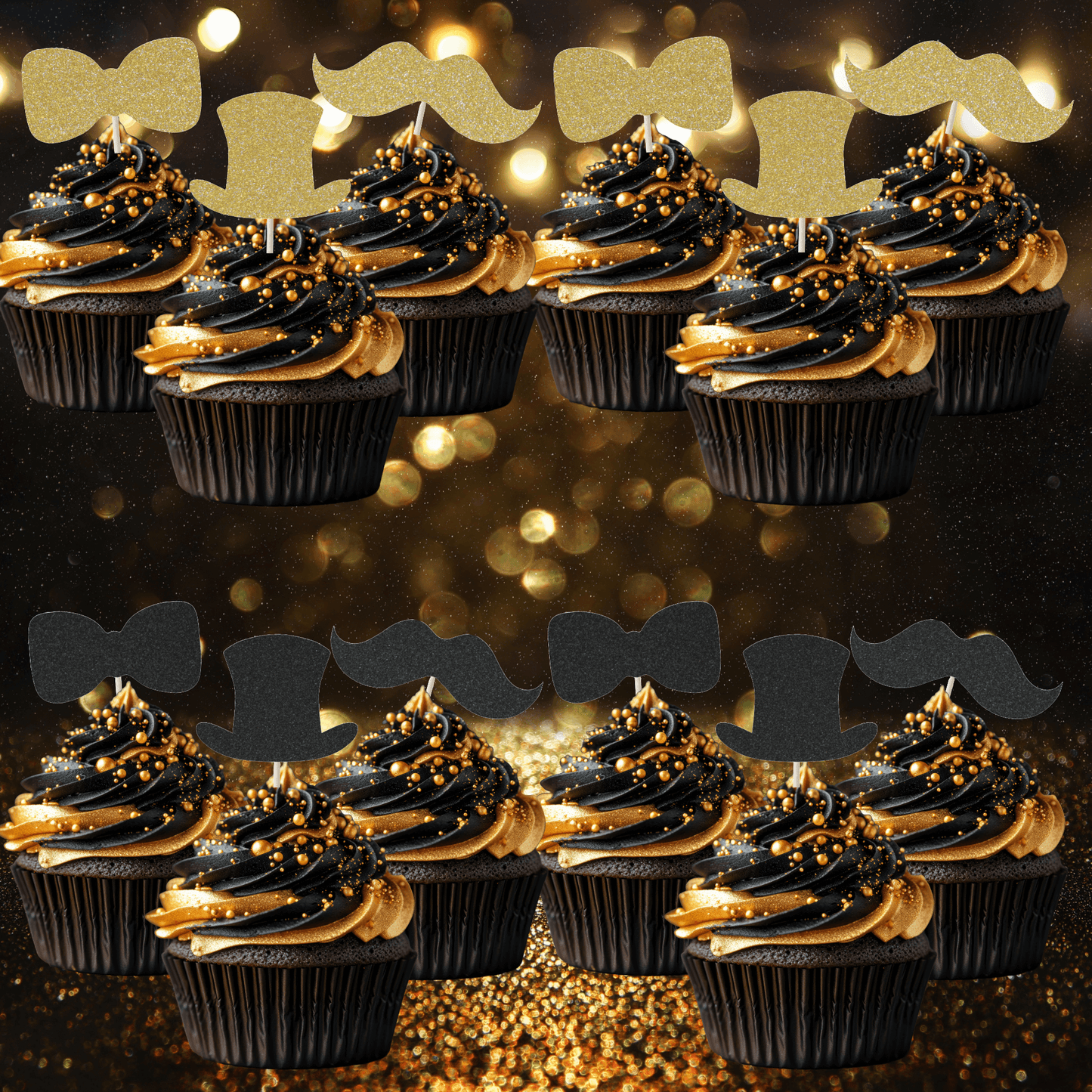 Gentleman themed glitter cupcake toppers on elegant black and gold cupcakes, featuring moustaches and bow ties.