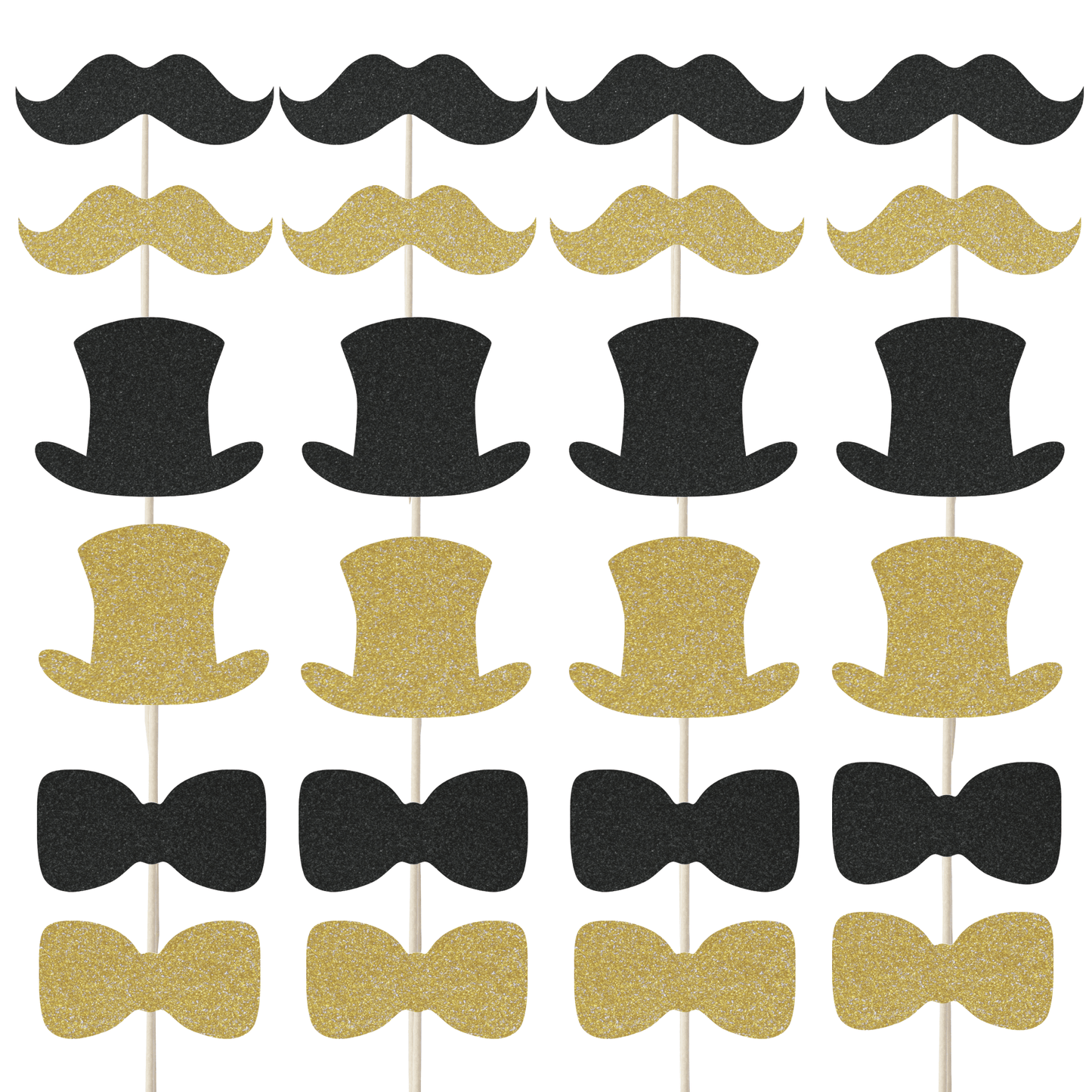 Gentleman themed glitter cupcake toppers set featuring black moustaches, top hats, and bow ties, perfect for celebrations.