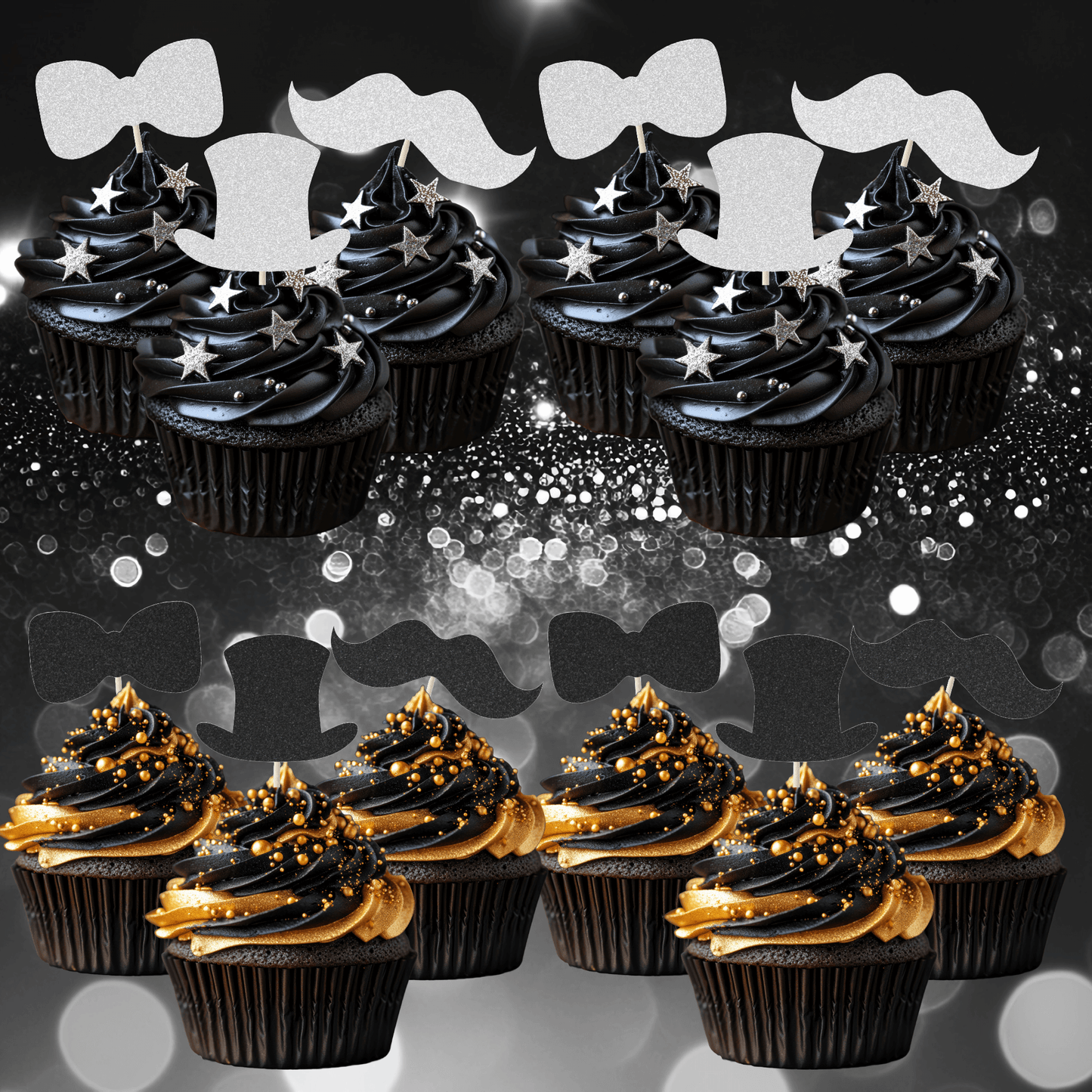 Elegant black cupcakes with glitter gentleman-themed toppers: top hats, moustaches, and bow ties for celebrations.