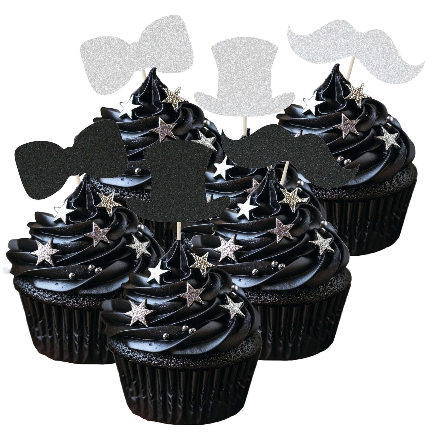 Gentleman themed glitter cupcake toppers featuring top hats, bow ties, and moustaches on chocolate cupcakes.