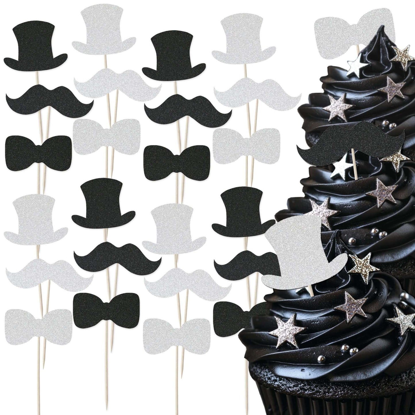 Gentleman themed glitter cupcake toppers set featuring top hats, moustaches, and bow ties for party desserts.