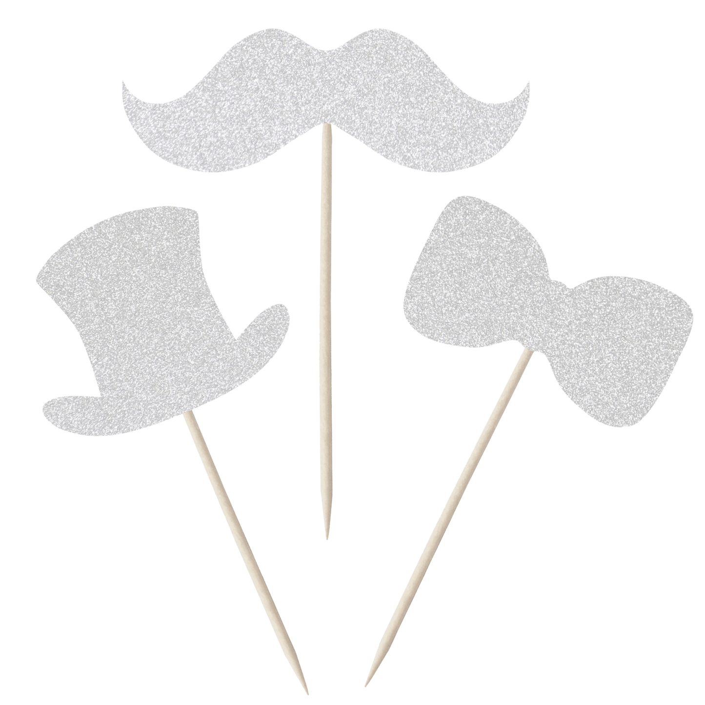 Silver glitter gentleman themed cupcake toppers: moustache, top hat, and bow tie for party decorations.
