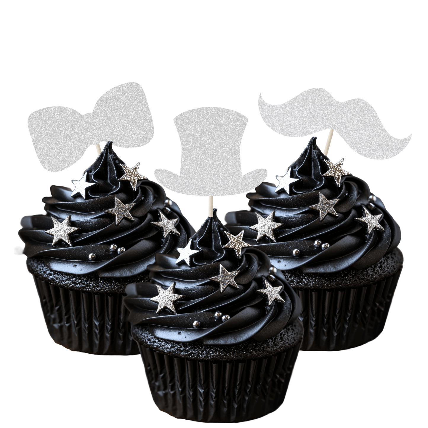 Elegant black cupcakes topped with glitter gentleman-themed toppers: bow ties, top hats, and moustaches.