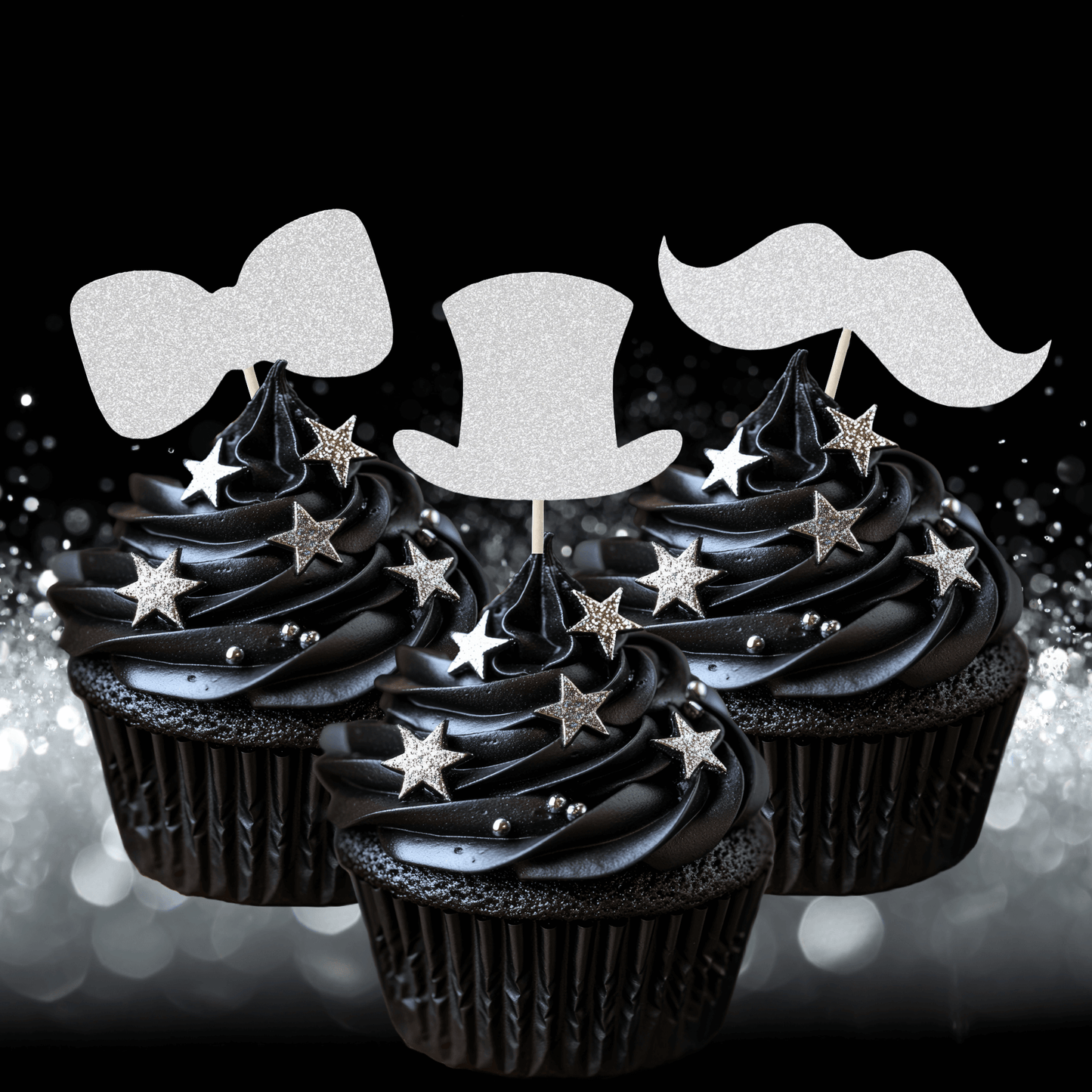 Gentleman themed glitter cupcake toppers on black frosted cupcakes with stars, perfect for parties and celebrations.