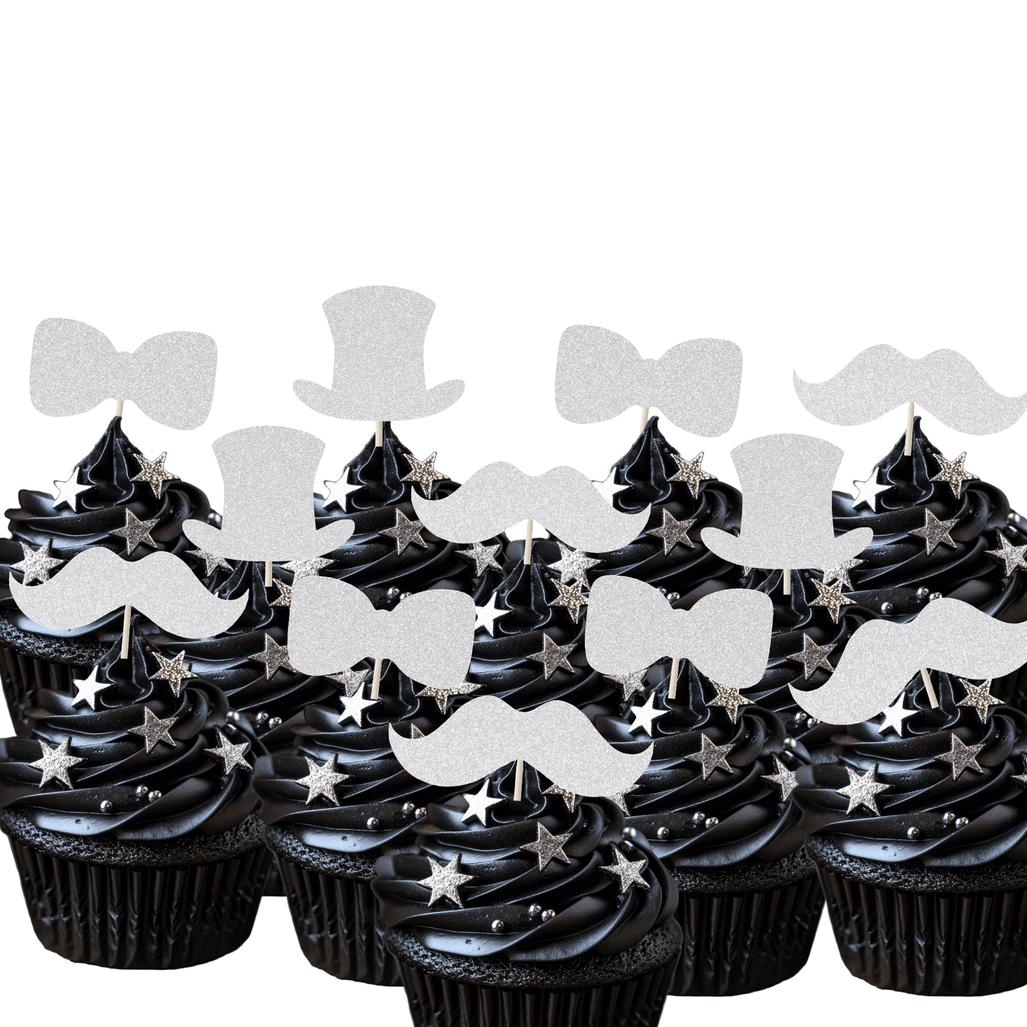 Gentleman themed glitter cupcake toppers featuring top hats, moustaches, and bow ties on black frosted cupcakes.