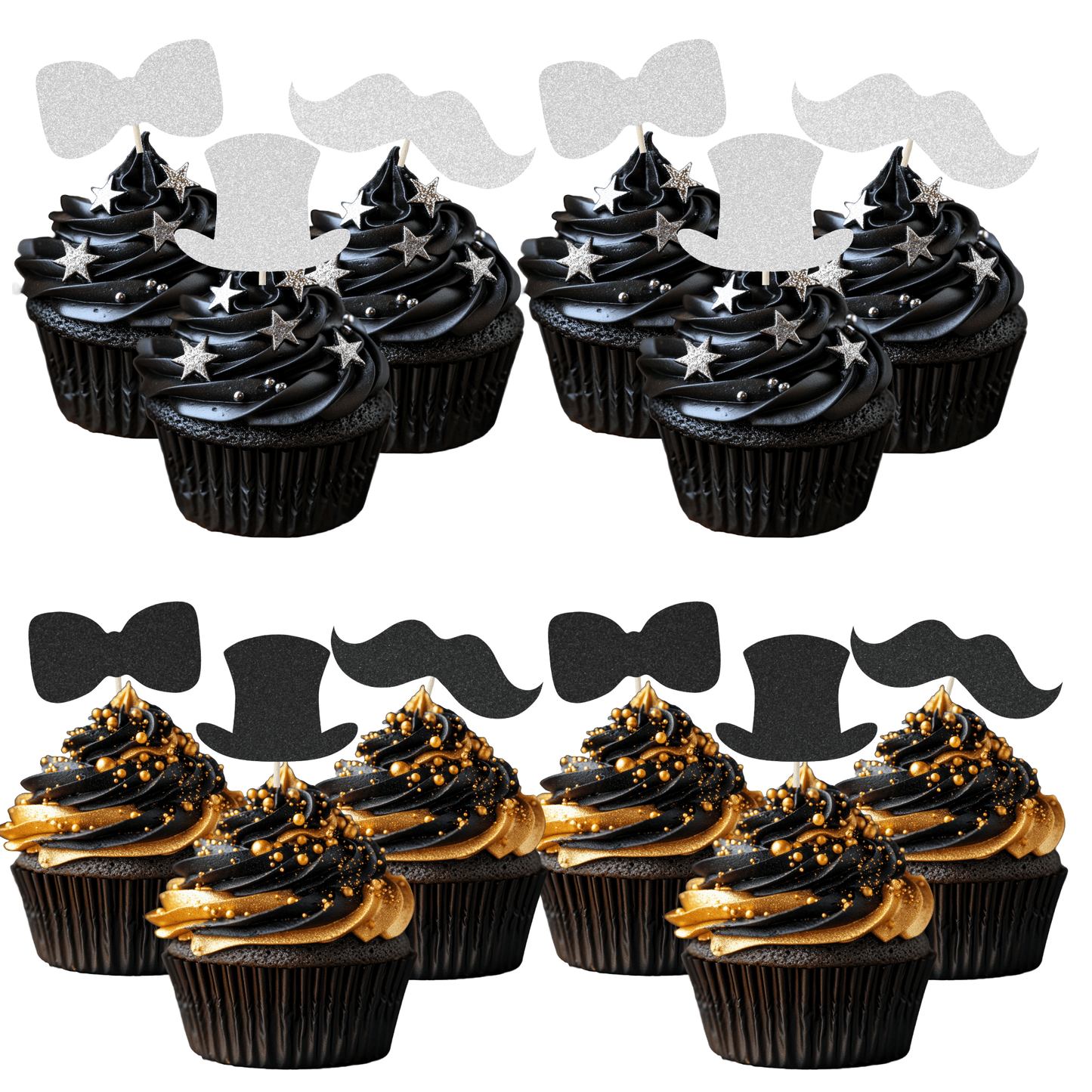 Elegant cupcake display topped with glitter gentleman-themed toppers including moustaches and top hats.