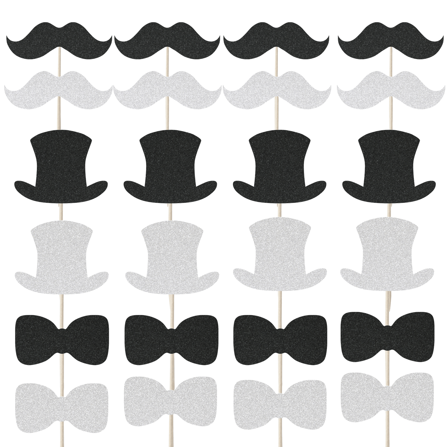 Gentleman themed glitter cupcake toppers set featuring top hats, moustaches, and bow ties in black and silver.