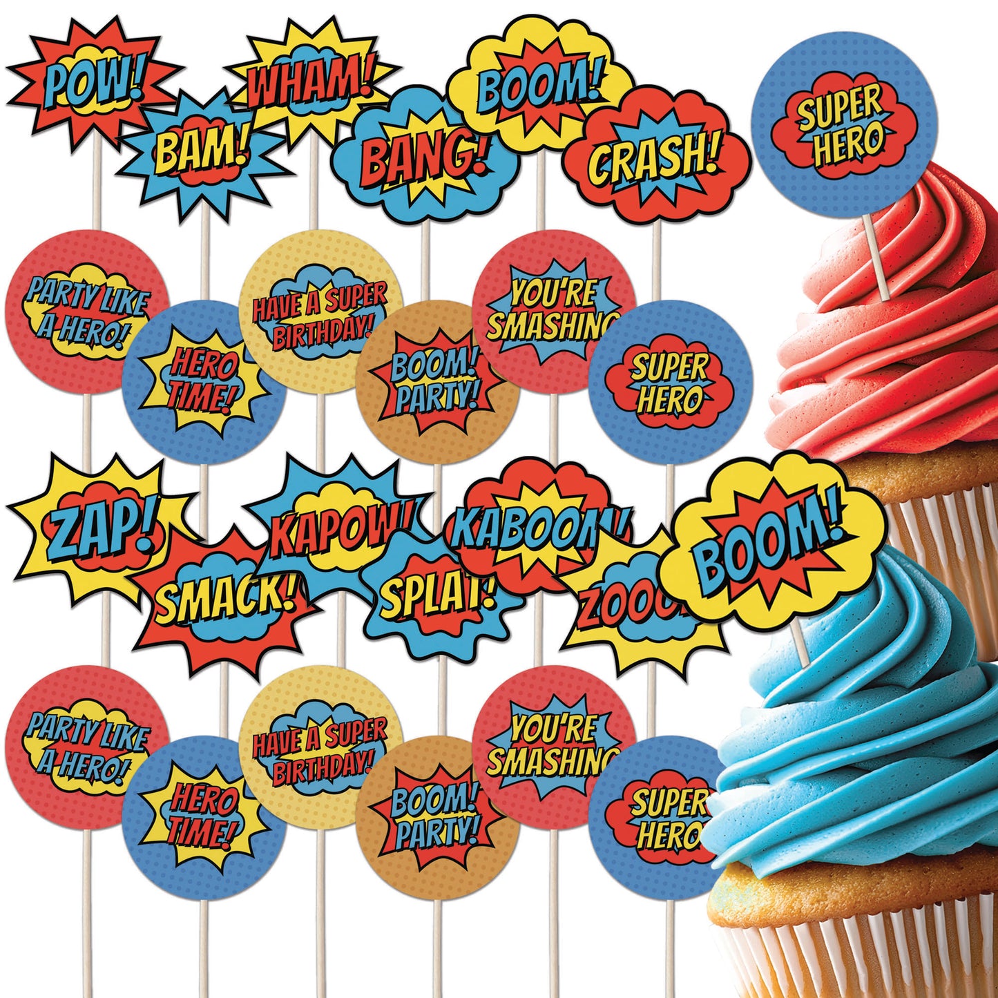 Superhero Comic Book Cupcake Toppers Set - 24pc - Birthday Celebration Cupcake & Cake Decorations