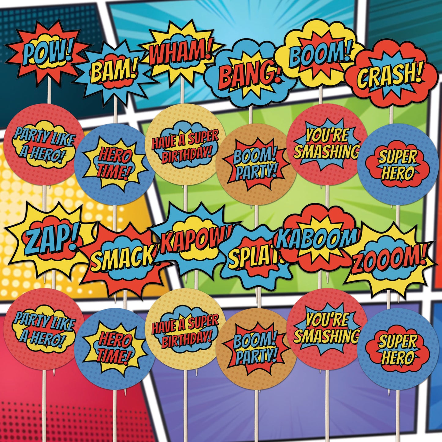 Superhero Comic Book Cupcake Toppers Set - 24pc - Birthday Celebration Cupcake & Cake Decorations