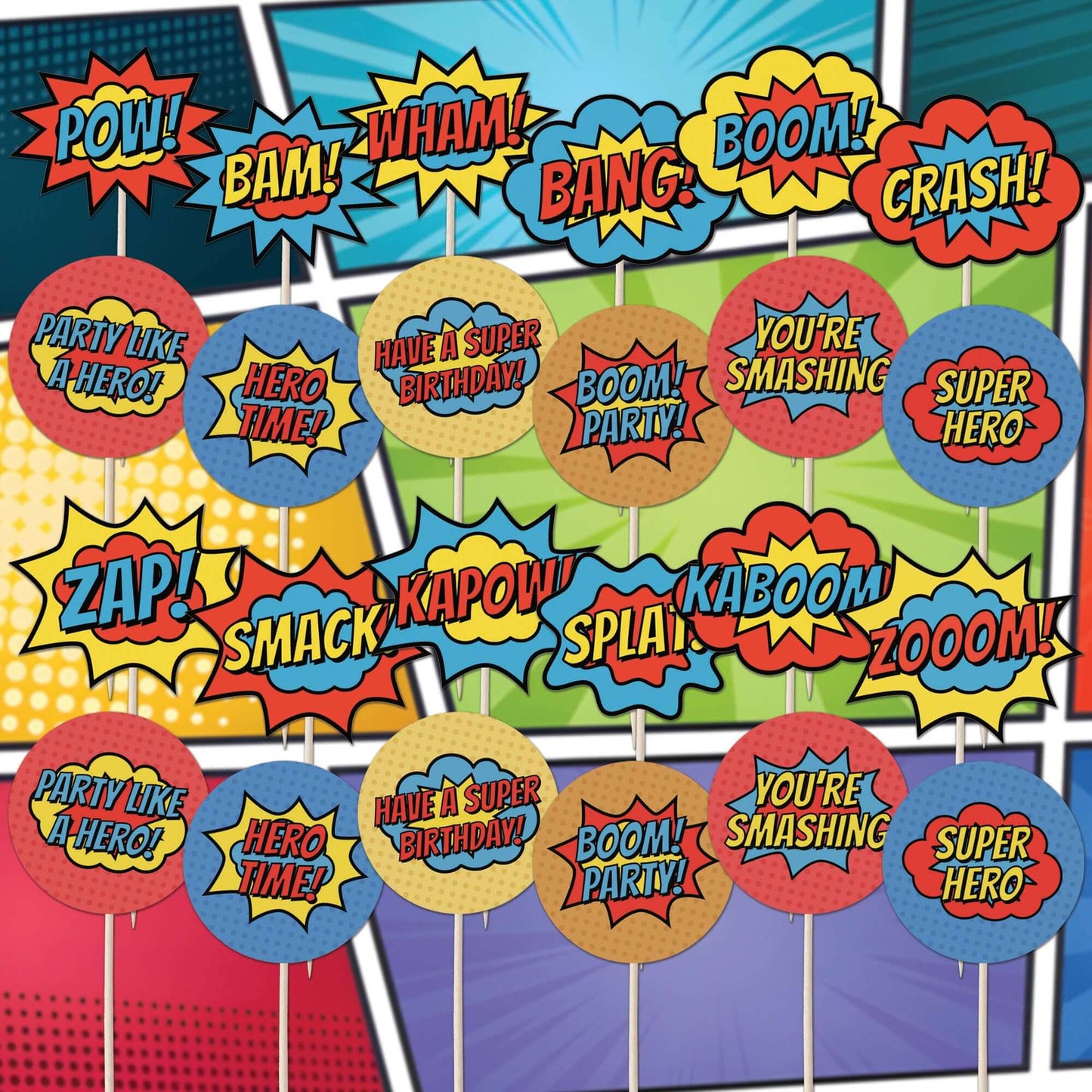 Superhero Comic Book Cupcake Toppers Set - 24pc - Birthday Celebration Cupcake & Cake Decorations