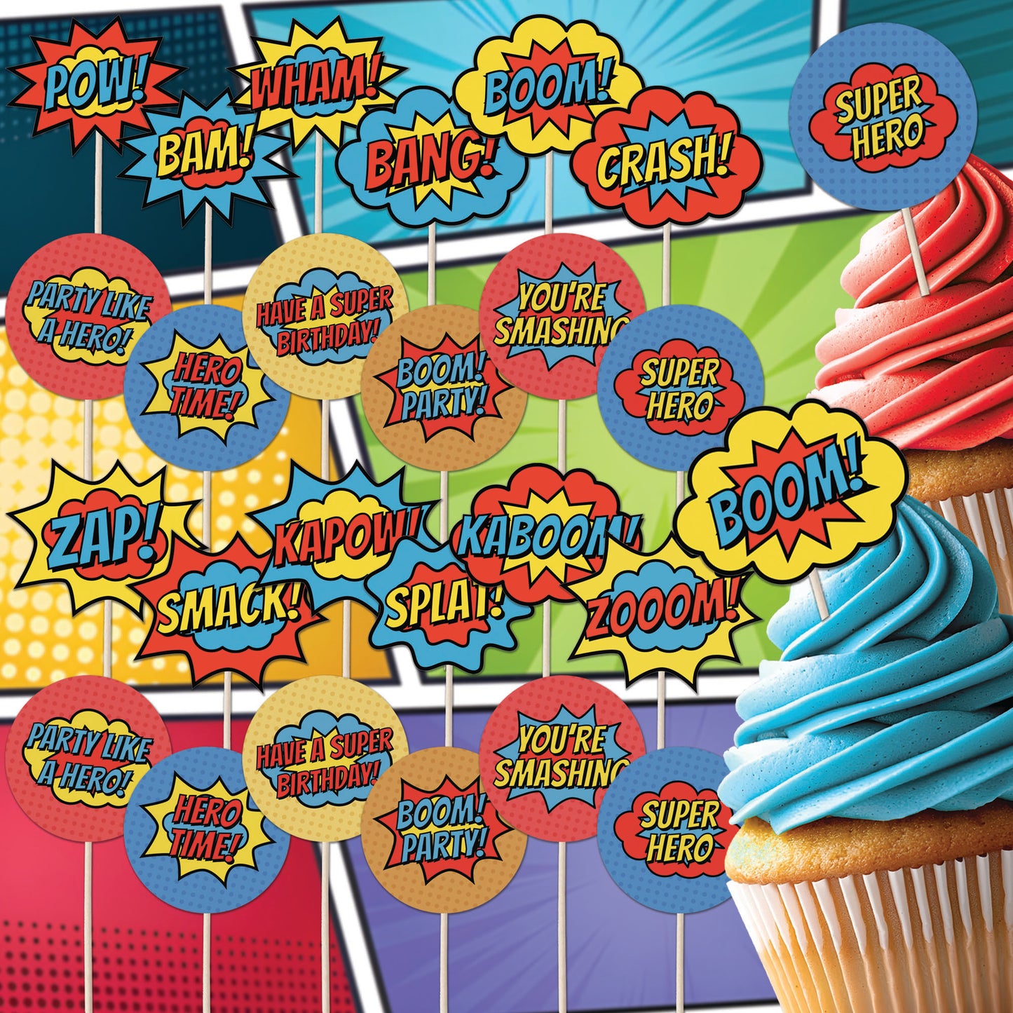Superhero Comic Book Cupcake Toppers Set - 24pc - Birthday Celebration Cupcake & Cake Decorations