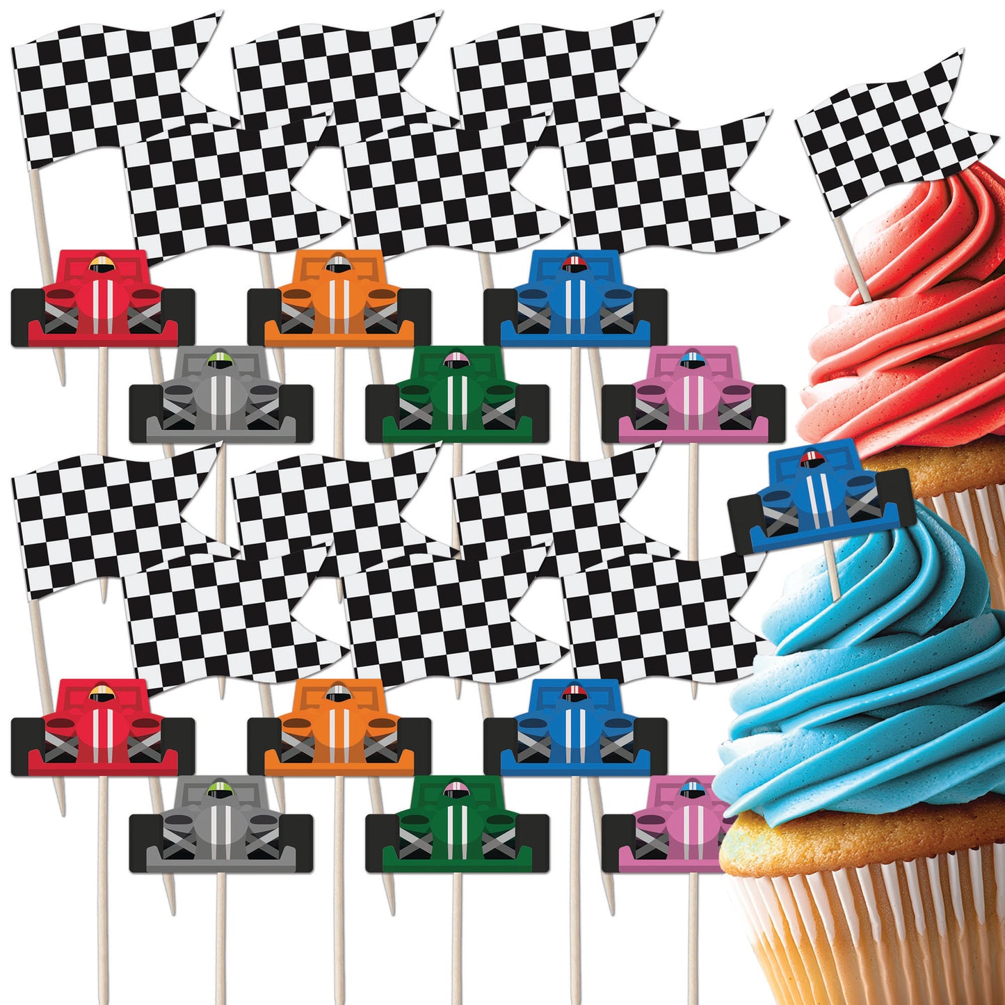 Racing Car & Chequered Flag Cupcake Toppers Set - 24pc - Birthday Celebration Cupcake & Cake Decorations