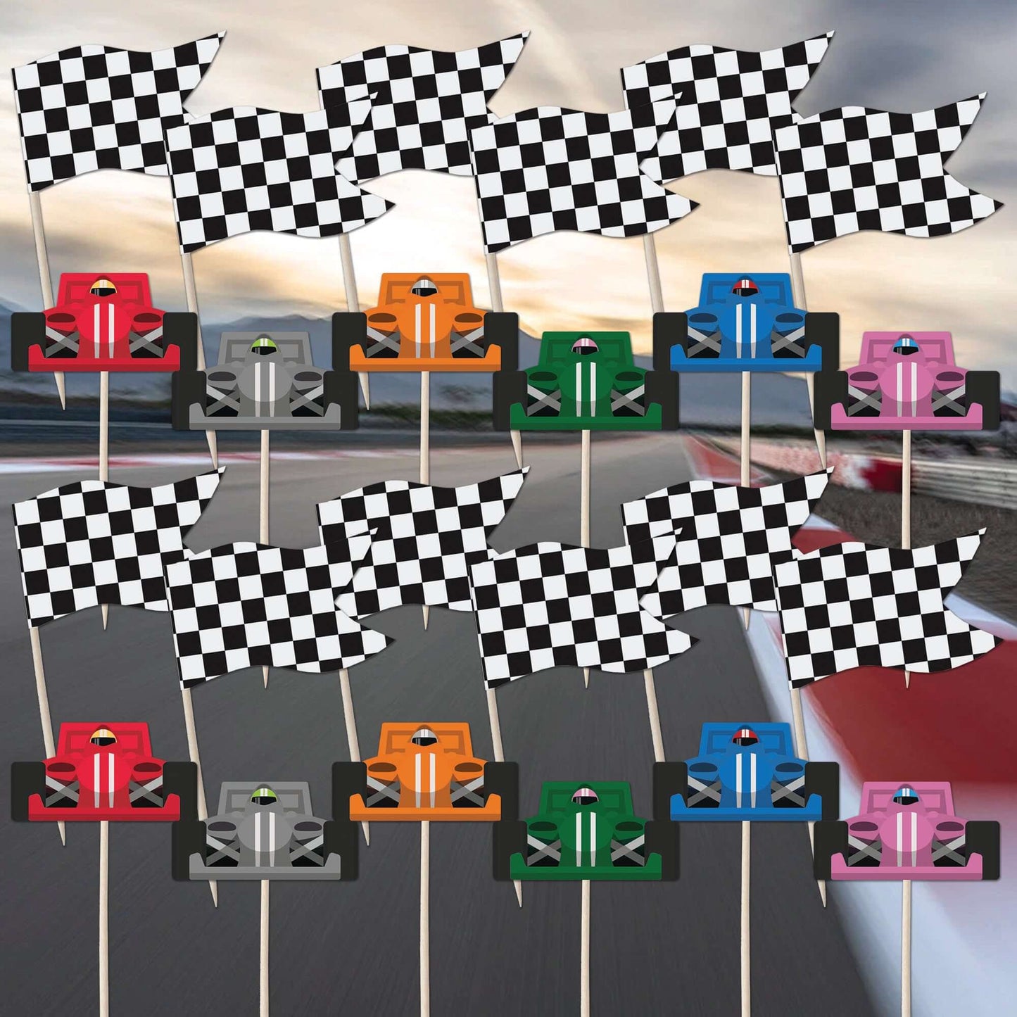 Racing Car & Chequered Flag Cupcake Toppers Set - 24pc - Birthday Celebration Cupcake & Cake Decorations