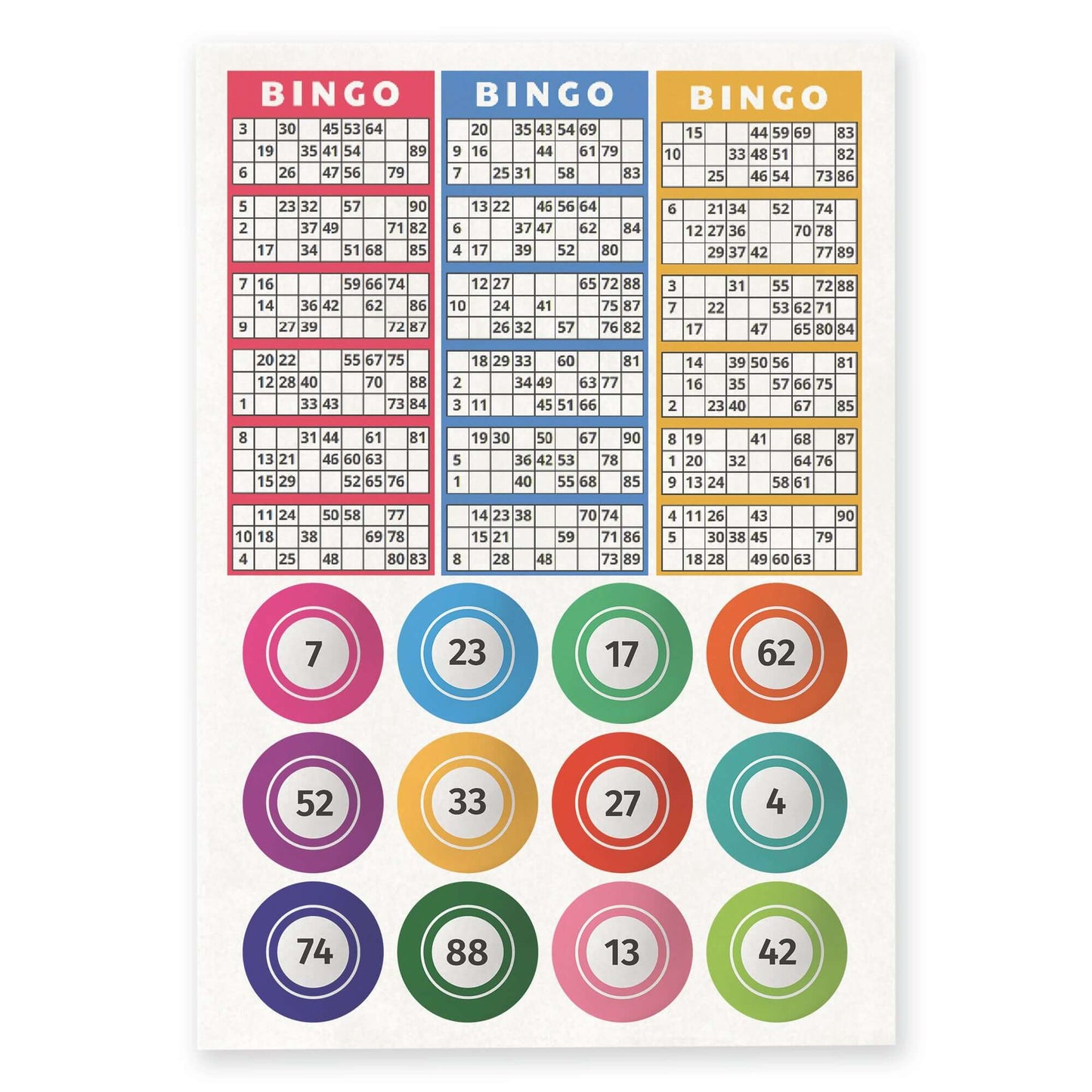 Edible wafer paper featuring 3 fake bingo ticket cards and 12 colorful bingo balls for cake decoration.