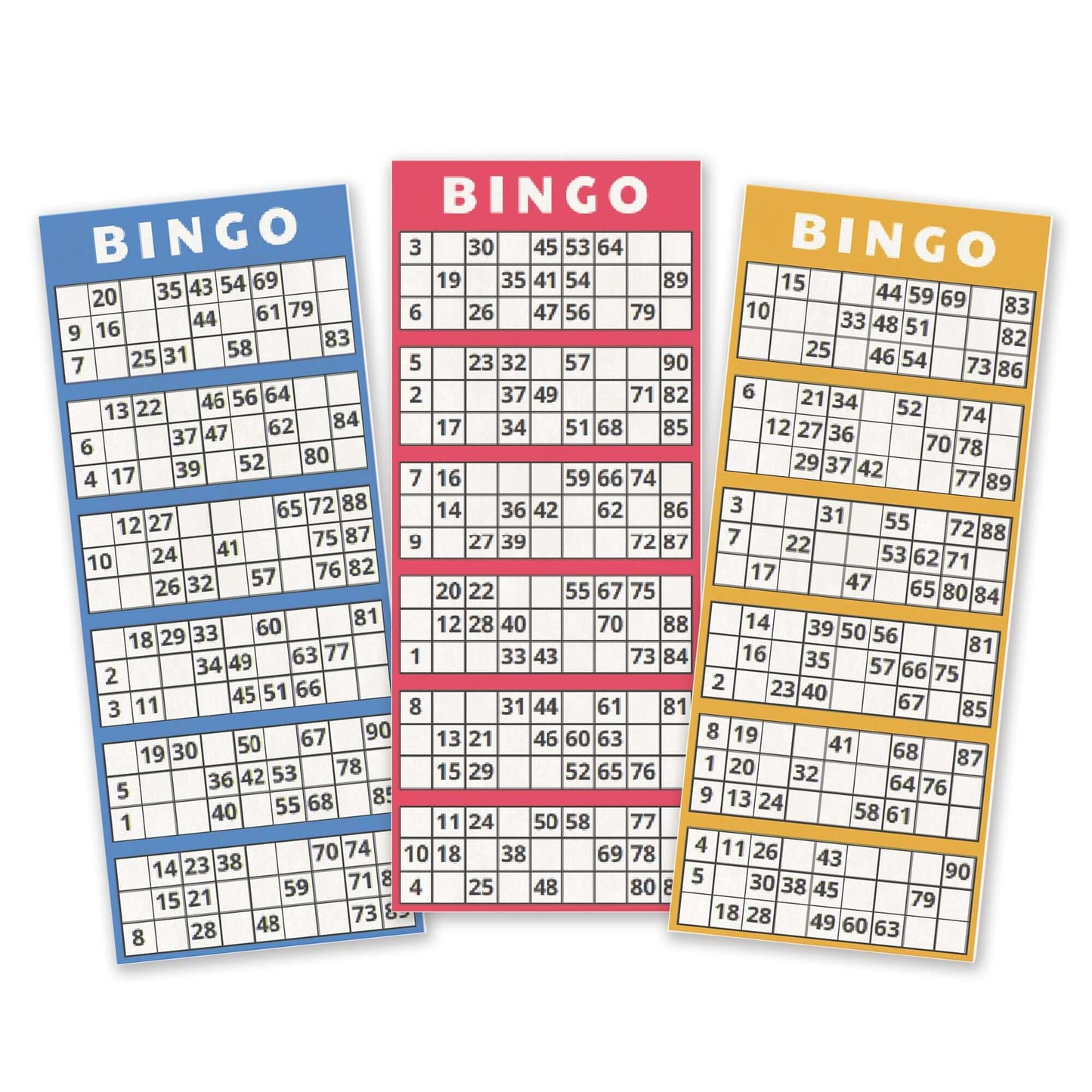 Edible wafer fake bingo ticket cards in blue, red, and yellow for cake and cupcake decorations.